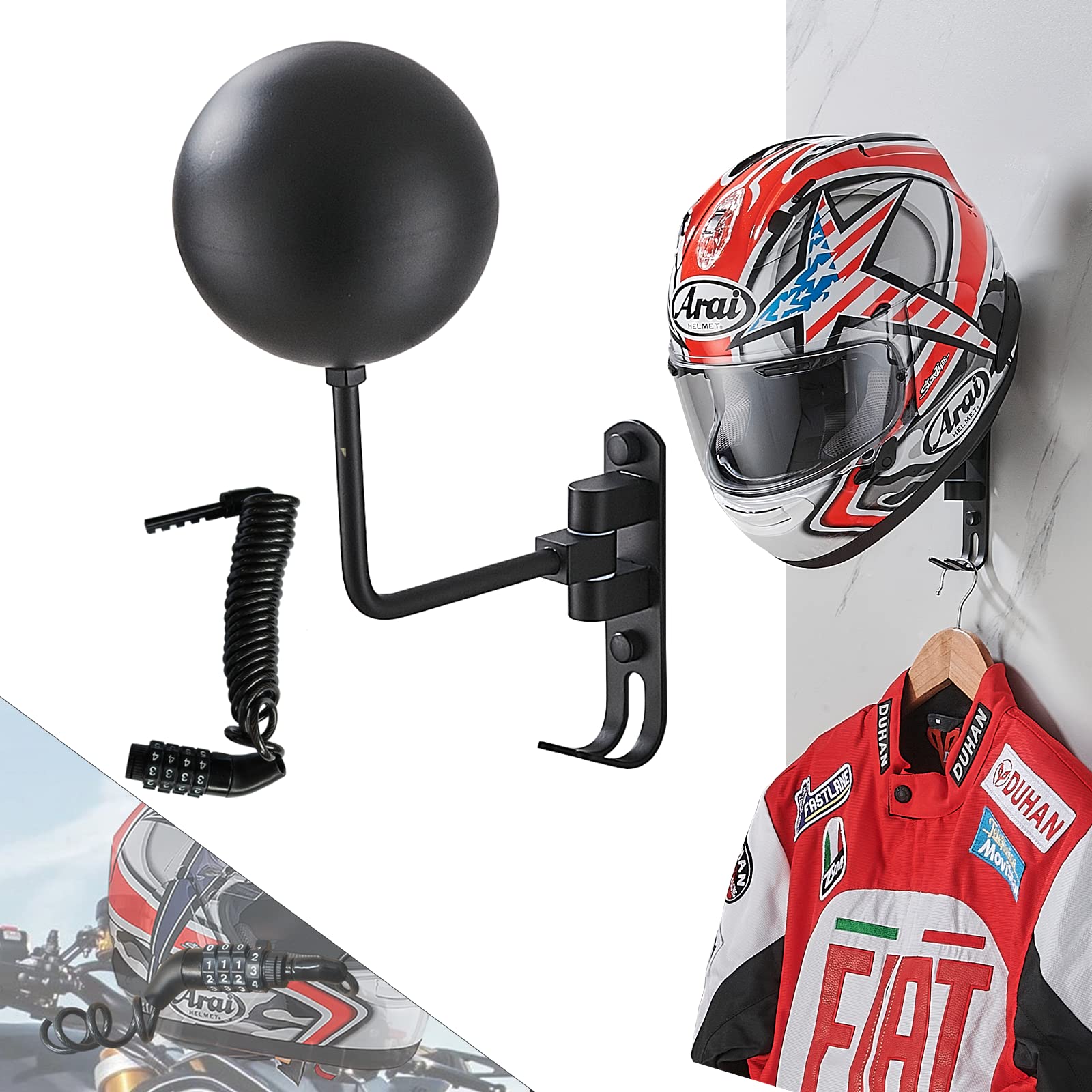 Motorcycle Helmet Holder with Lock Wall Mount 180 Degree Rotation Metal with 2 Hooks Motorcycle Accessories Helmet Hanger for Coats, Caps, Footbal Baseballs and Rugby Helmet accessories