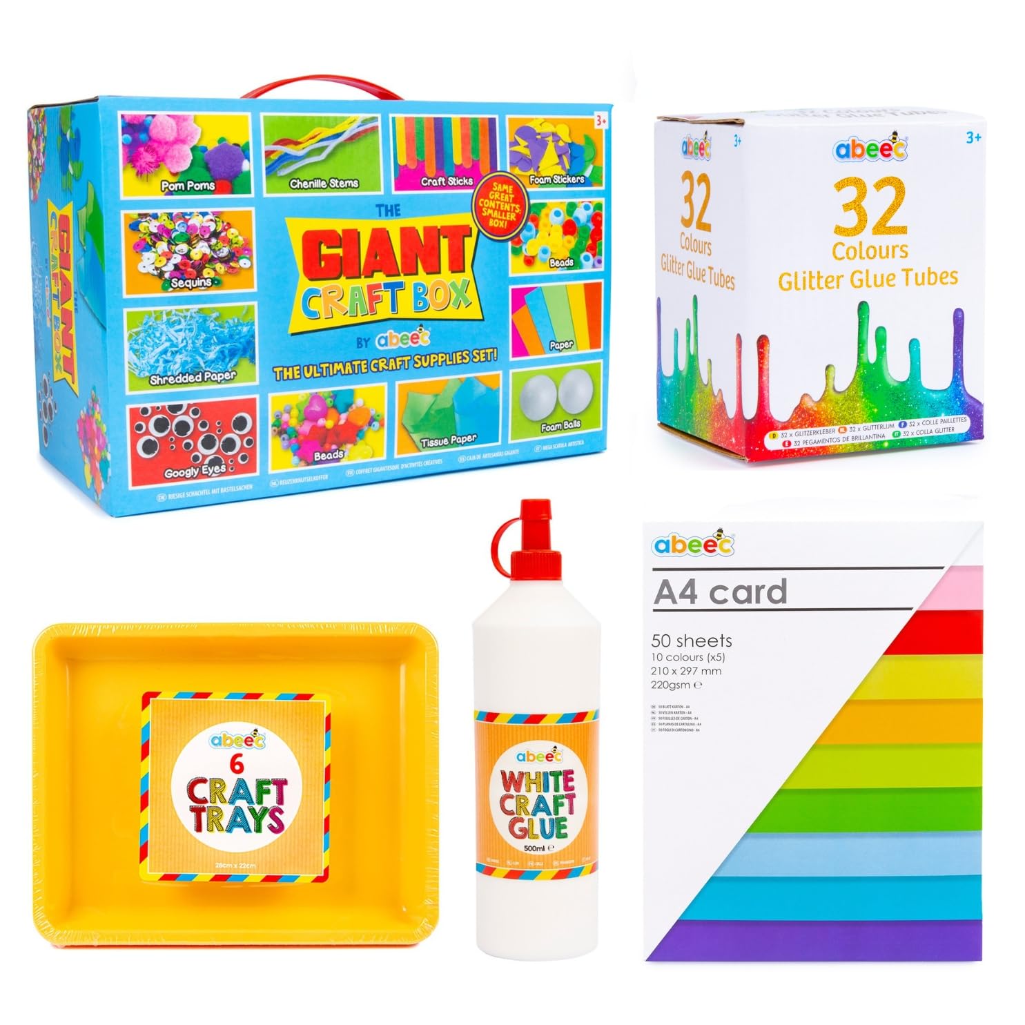 abeec Ultimate Kids Craft Bundle | Giant Craft Box & Trays | Pom Poms & Glue Set