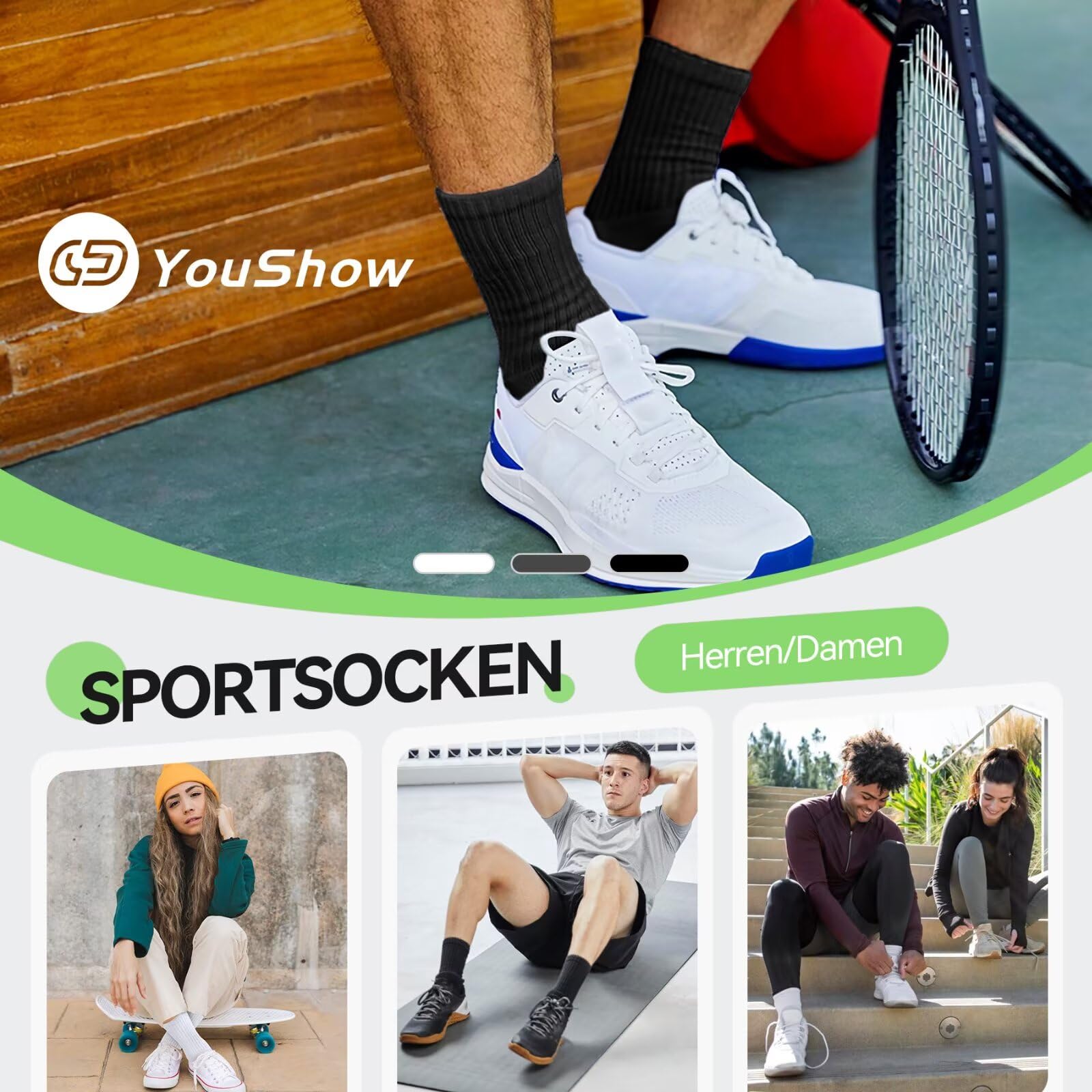 YouShow 6 pares de calcetines de tenis para hombre y mujer, calcetines deportivos, calcetines de senderismo, calcetines acolchados, transpirables y suaves