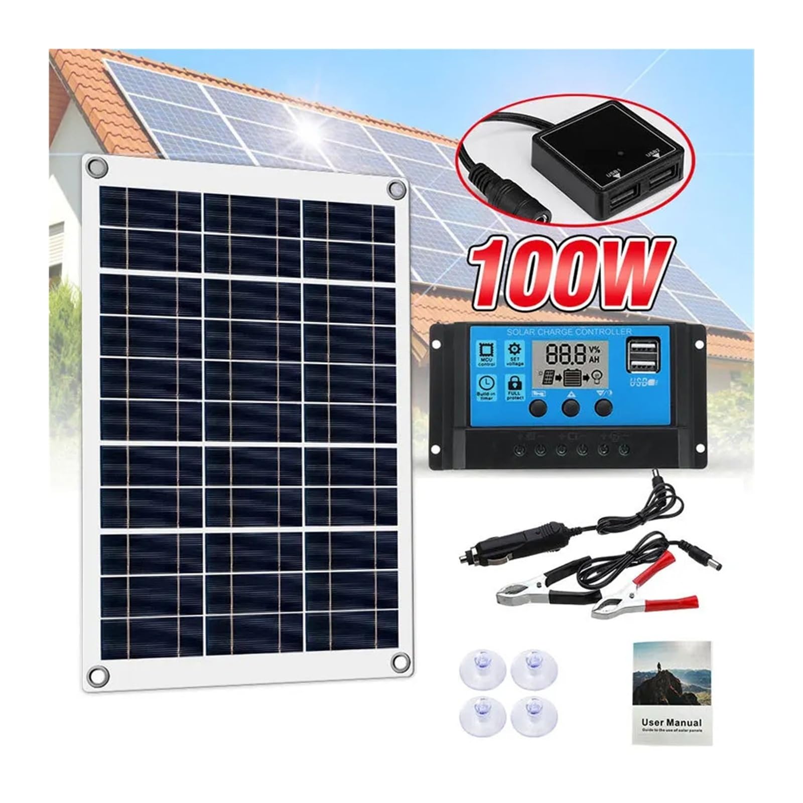 100 W 12 V Solarpanel-Set mit 60 A MPPT-Controller und USB-Anschluss – komplette netzunabhängige Stromversorgungslösung for Wohnmobil, Boot und Camping(Solar panel)