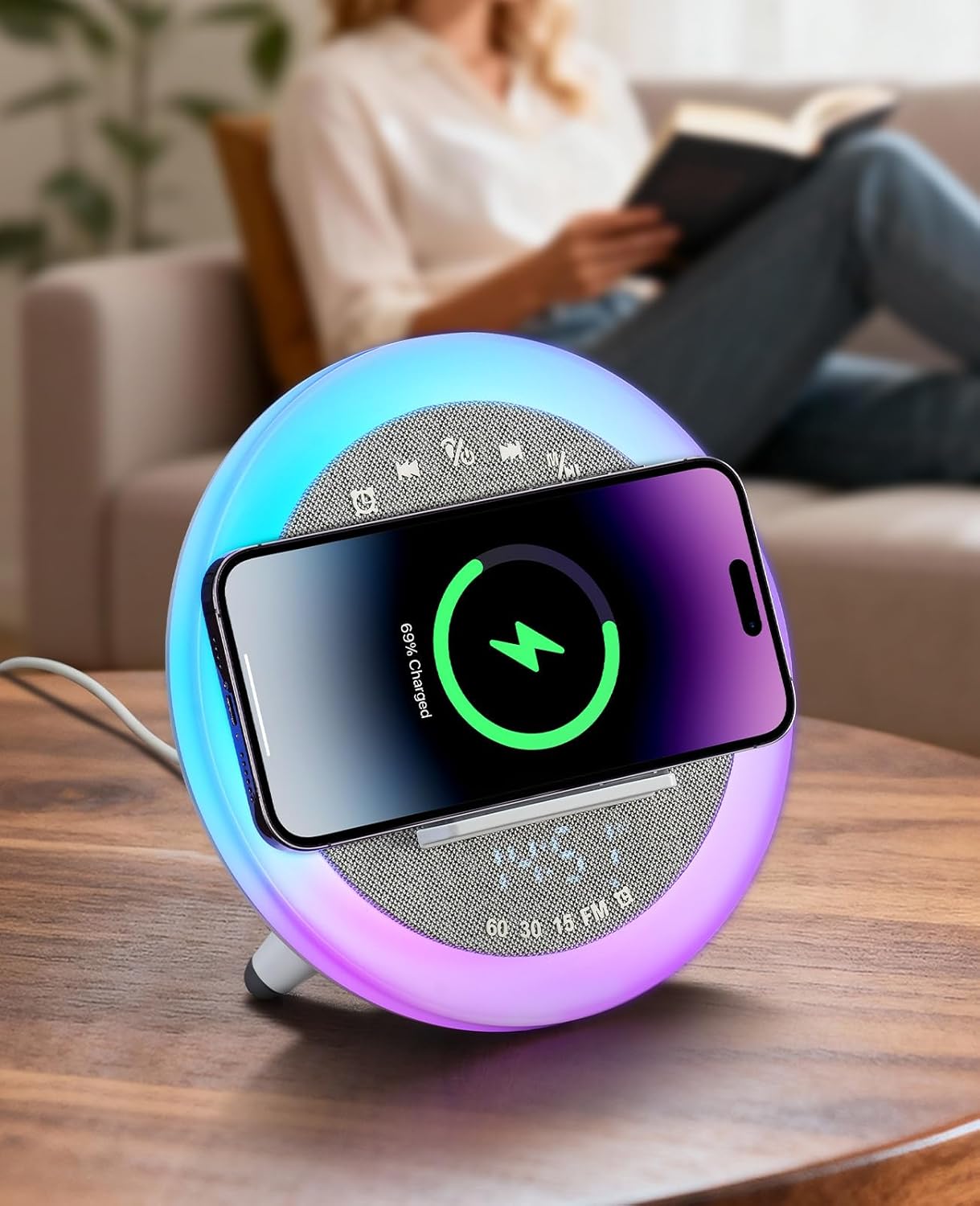 Bluetooth Speaker with Lights, 15W Wireless Charging, Gifts for 13 Year Old Girls & Teenagers, Bluetooth Alarm Clock Phone Charger for Teen Girl Birthday Gifts, Bedrooms Bedside, Dorm