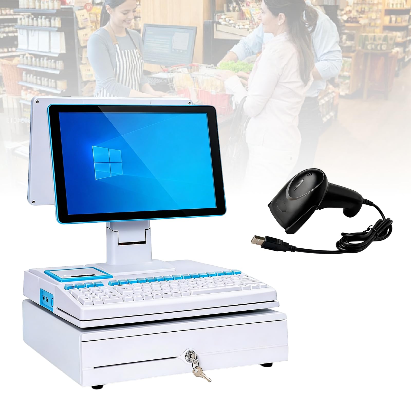 Registratore di Cassa elettronico, Schermo Singolo o Doppio da 15,6 Pollici Opzionale, registratore di Cassa Integrato, Stampante Termica da 58 mm Integrata White-Dualscreen