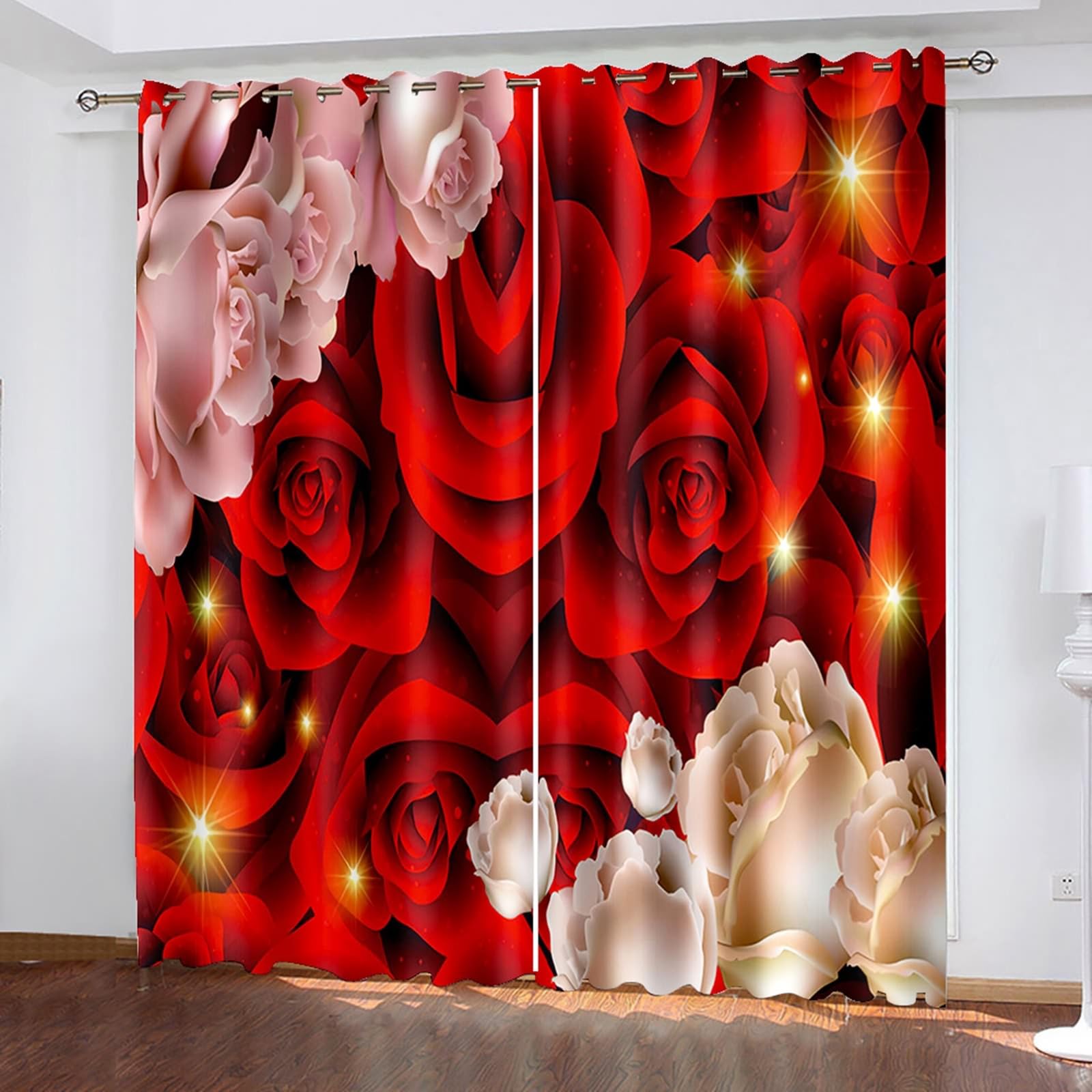 Blickdichte Vorhänge, Rosenblüten Verdunkelung 2 Paneele für Fenster Wohnzimmer/Küche, Rot Rosa, 137x214cm