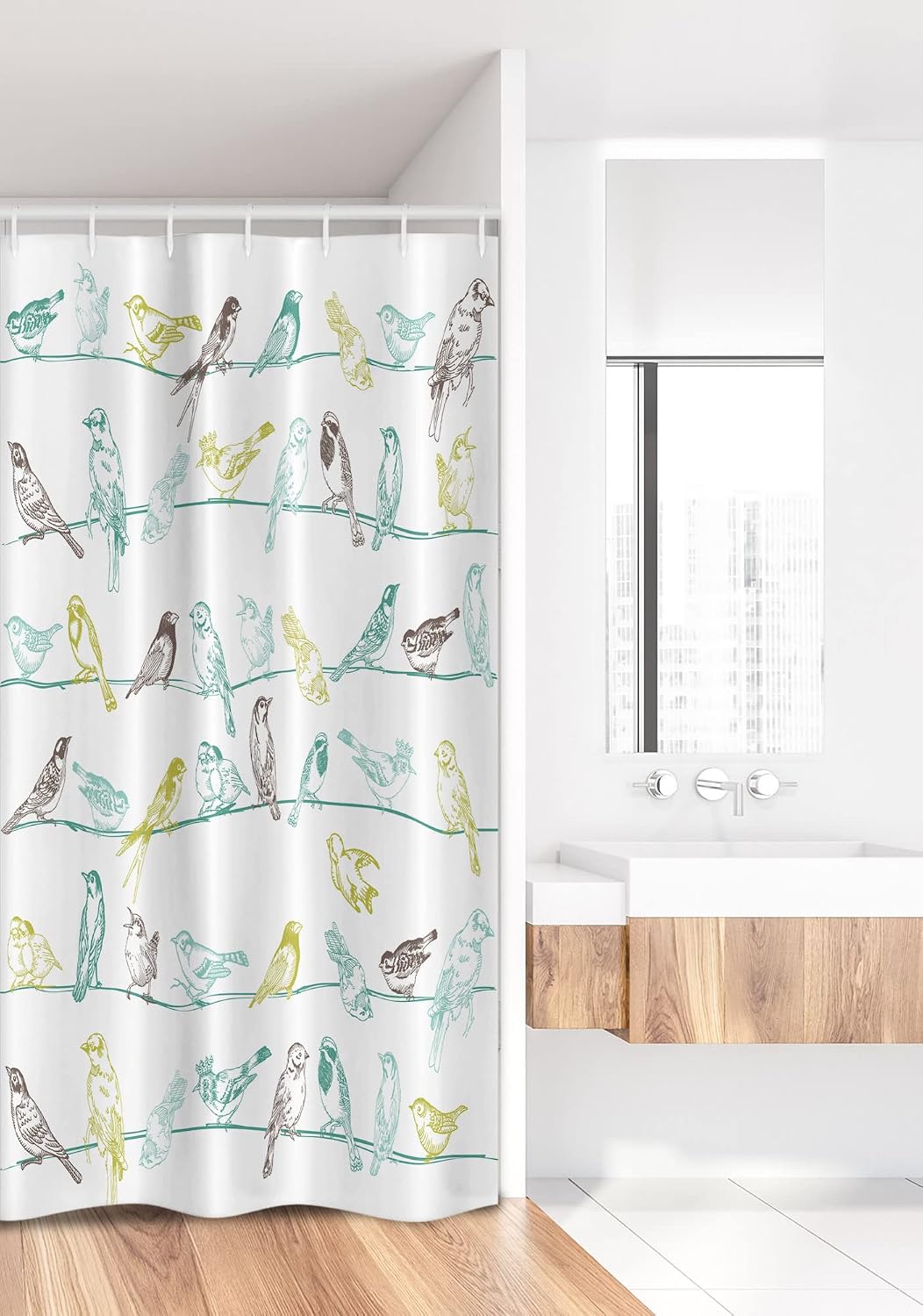 Ambesonne Birds Stall Shower Curtain, Various Type of Birds Sitting and Chirping on Wires Musical Creatures Print, Fabric Bathroom Decor Set with Hooks, 36" W x 72" L, Pale Green Brown