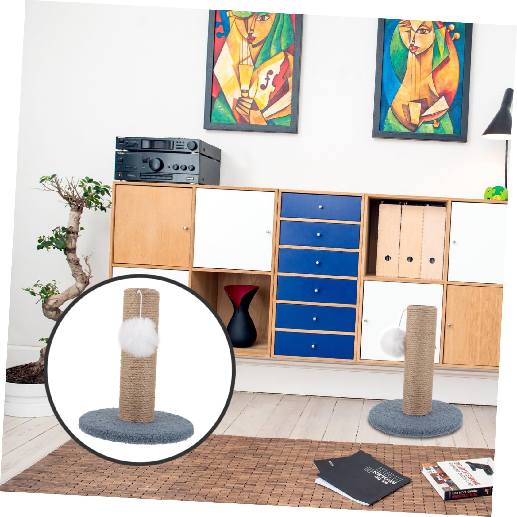 Abaodam Decorative Kitten Scratcher Post Reusable Indoor Cat Scratching Post with Hanging Ball Rope Design Cat Accessories for Relaxation and Exercise