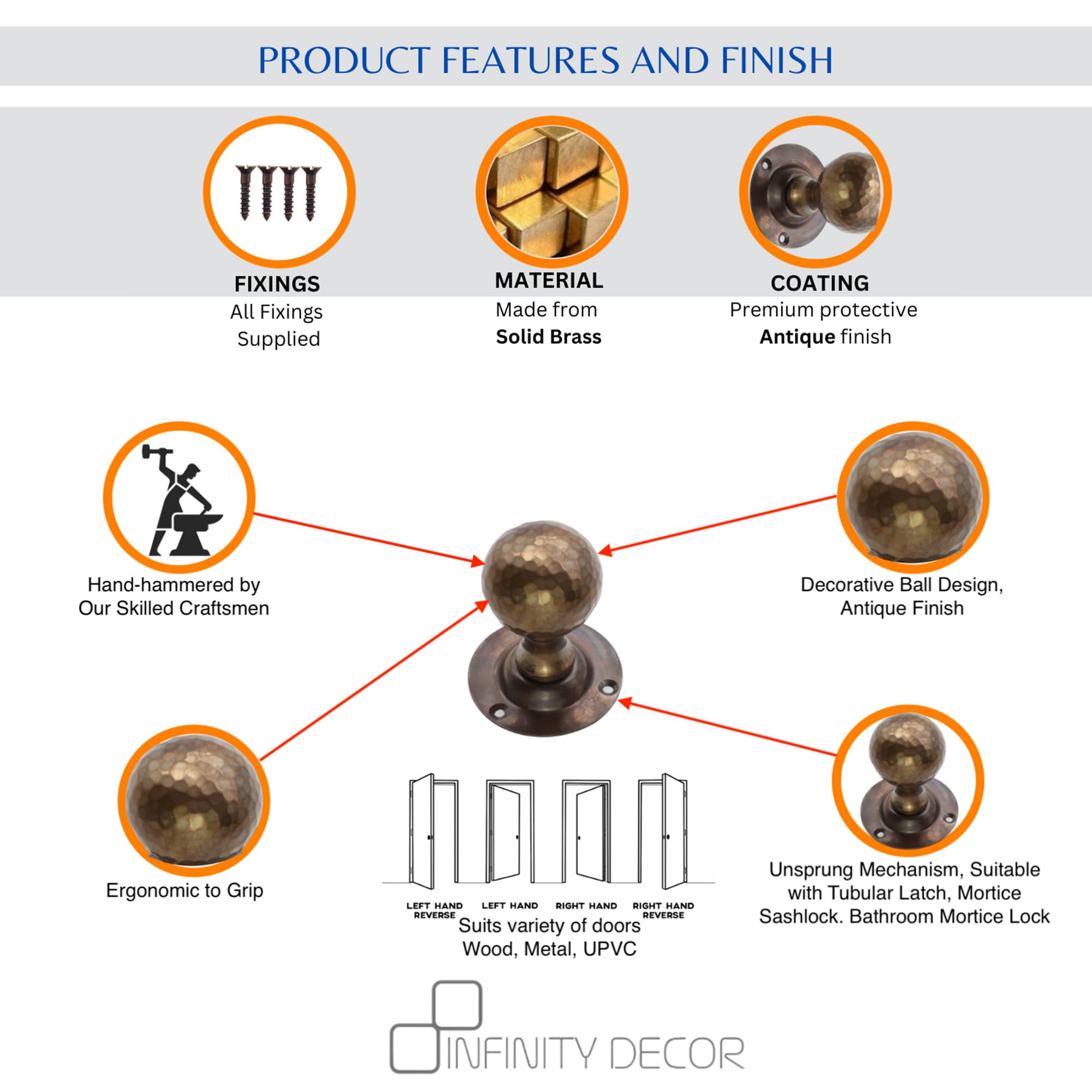 Infinity Decor Antique Victorian Hammered Pattern Ball Round Door Knobs works 45mm Pull Handles Set - Image 4