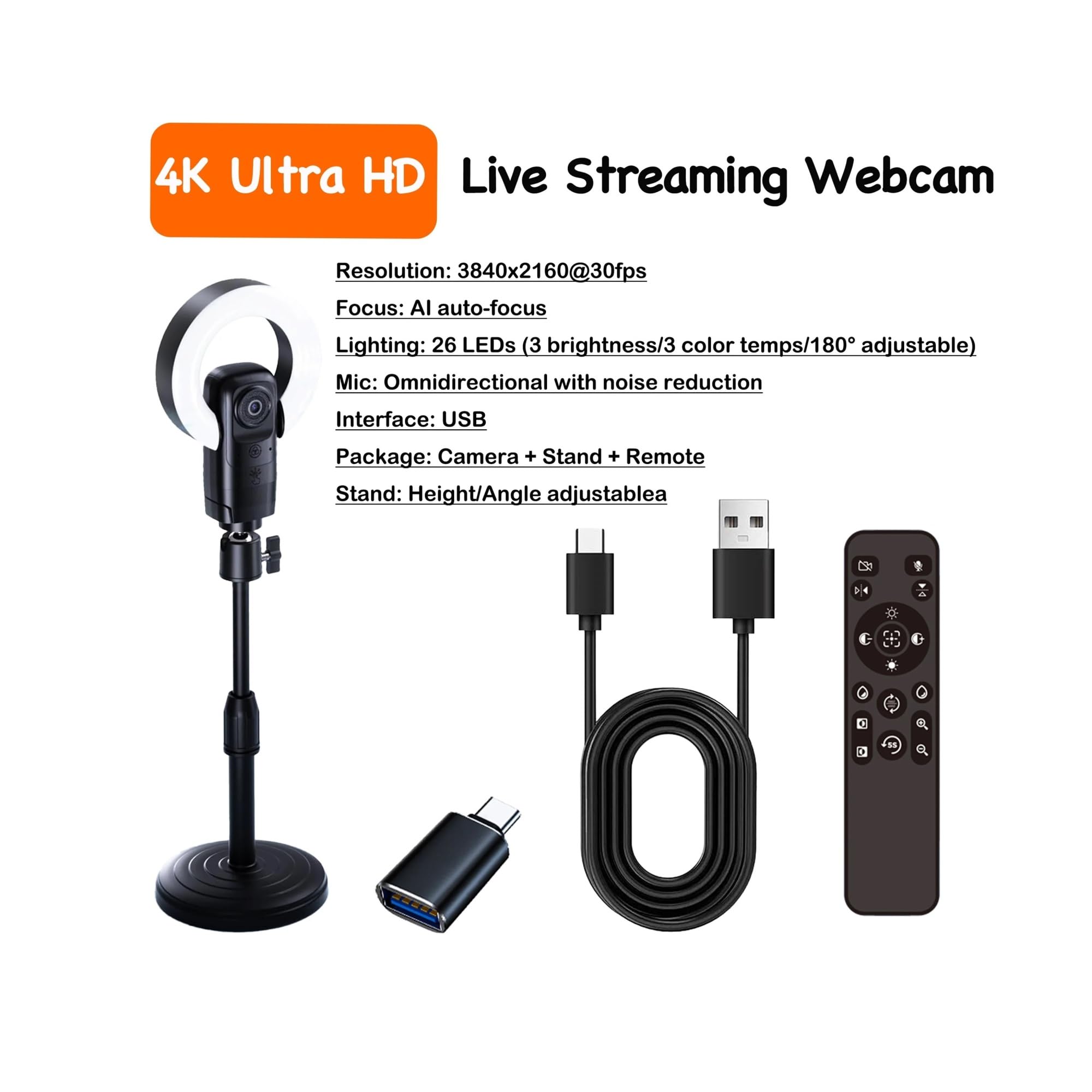 Webcam in streaming EXHQDR 4K con messa a fuoco automatica AI, luce anulare, microfono, telecomando, USB Plug and Play for videochiamate live zoom YouTube Incontri e streaming