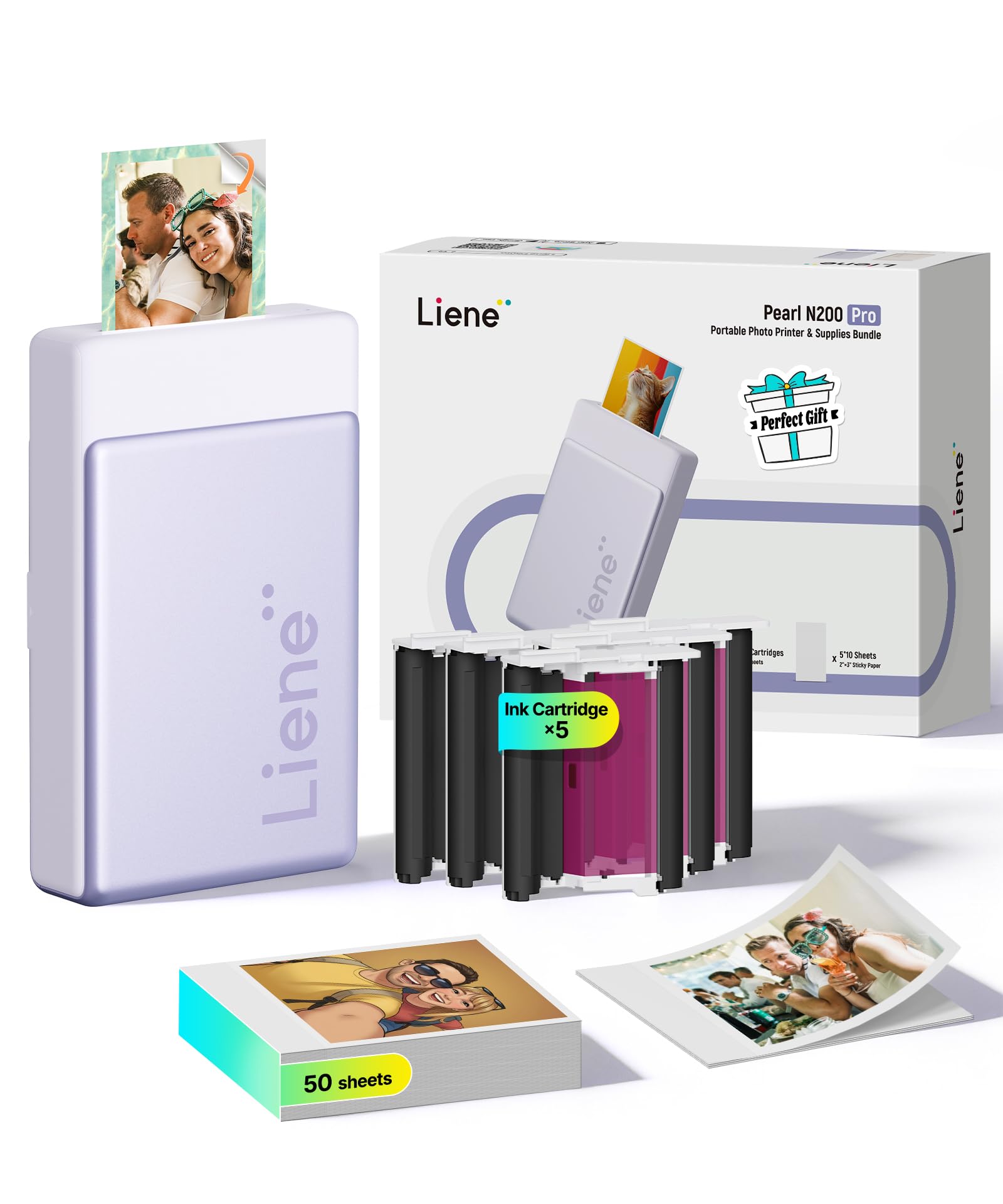 Liene Pearl N200 Pro Tragbarer Mini Fotodrucker mit Farbsublimation – Inkl. 50 selbstklebende Fotos (5x7,6 cm) & 5 Farbbänder, Bluetooth, 300 dpi, Sofortbilddrucker für iPhone & Android, Akku, in Lila