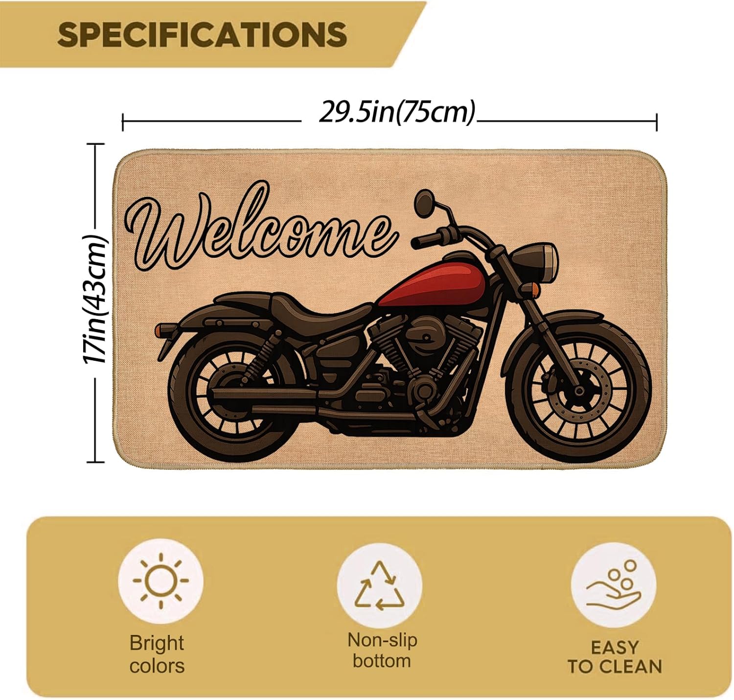 Motorcycle Welcome Door Mat,29.5x17inch,Indoor Outdoor Linen Floor Mats with Red Cool Motorbike,Non-Slip Rubber Backing Doormat,Decor Gifts Rug for Entrance Kitchen Laundry Bedroom Staircase