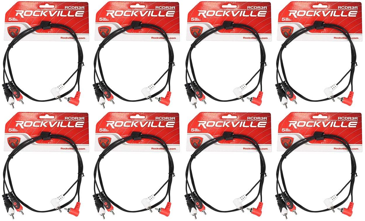 Rockville RCDR3R 3ft Dual Mono RCA Cable 100% Copper, Right Angle to Straight Connectors, Nickel-Plated, High-Fidelity Audio for DJs and Home Audio, 8-Piece