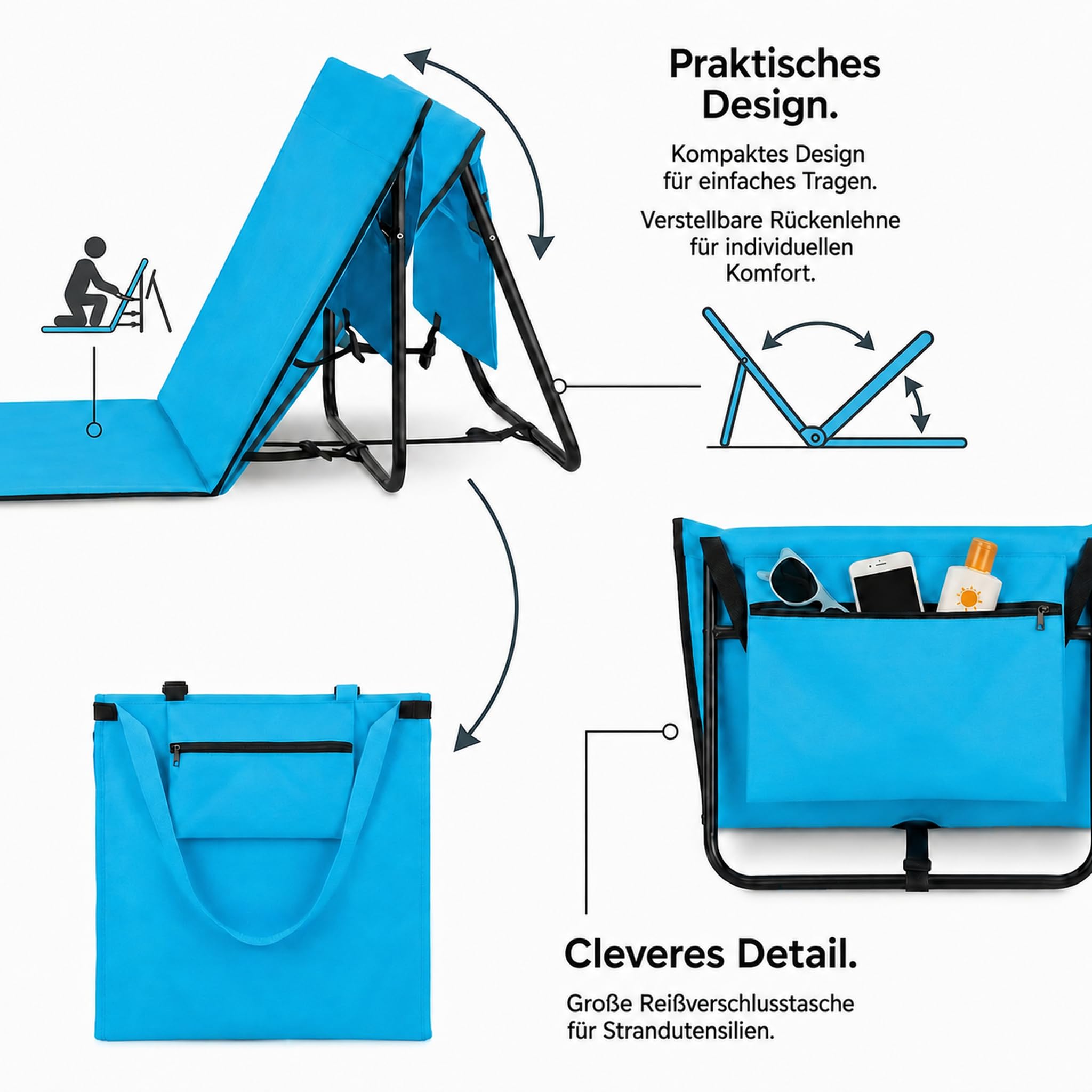 2er-Set Faltbare Strandliegen mit Verstellbarer Rückenlehne | Leichte gepolsterte Sonnenliegenmatten mit Schultergurt & Tasche, für Strand, Camping, Pool, Festivals, Reisen & Picknick