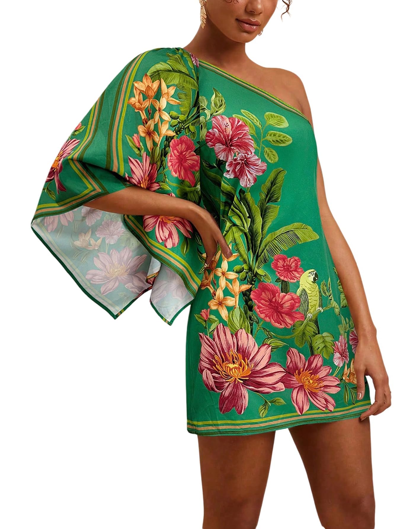 SweatyRocks Abito corto da donna, estivo, leggero, da spiaggia, spalle scoperte, con fiori, alla moda italiana