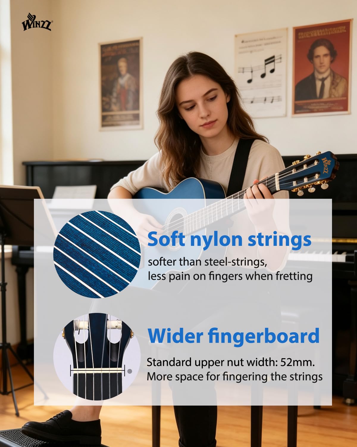Winzz Gitara koncertowa 4/4 dla dorosłych, gitara klasyczna dla początkujących, 39 cali (niebieska vintage)