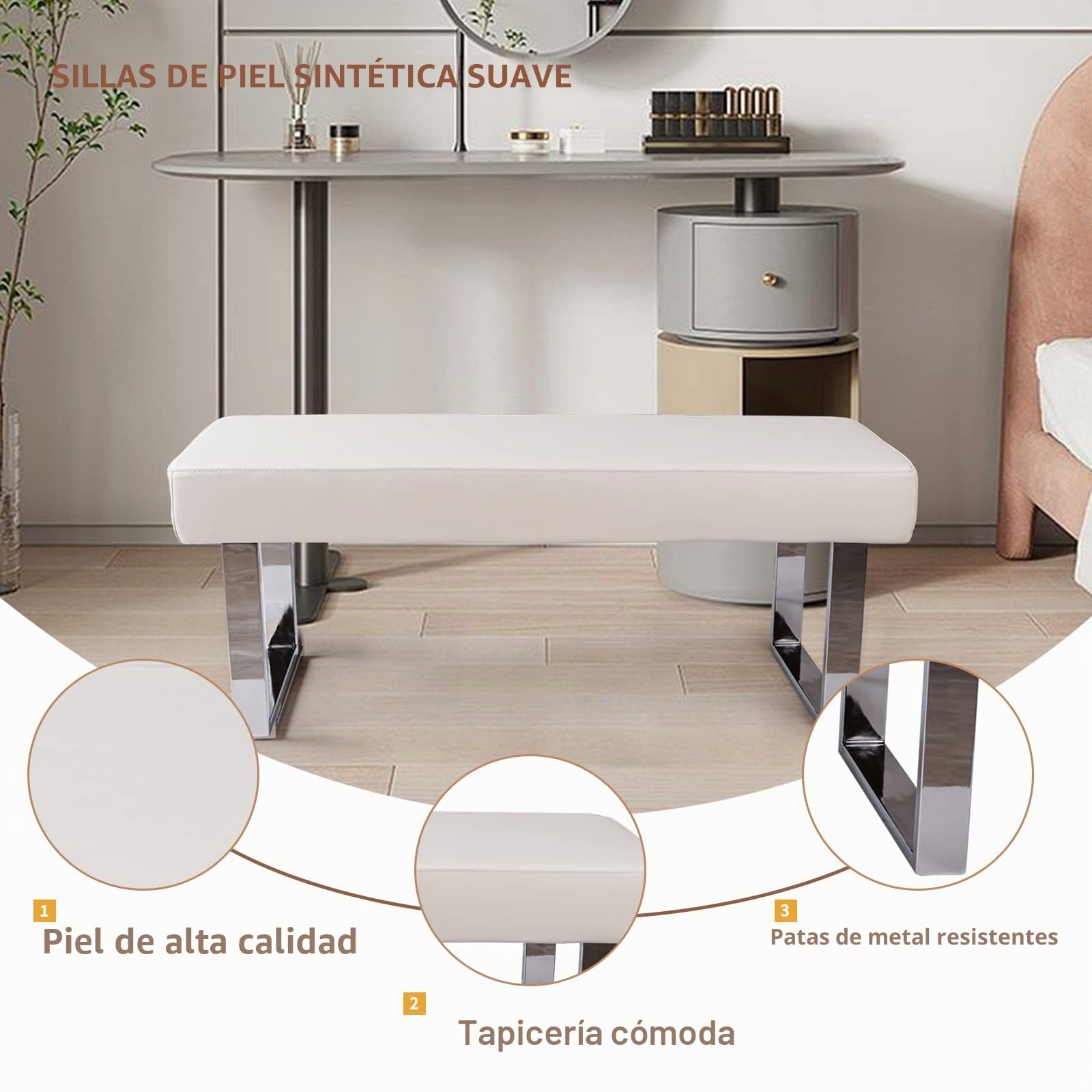 JIEXI Banco de Comedor Moderno con tapizado, Banco de Dormitorio para Esquina Interior con Patas de Metal, Banco de Piel sintética para Entrada, Cocina, Sala de Estar (Blanco)