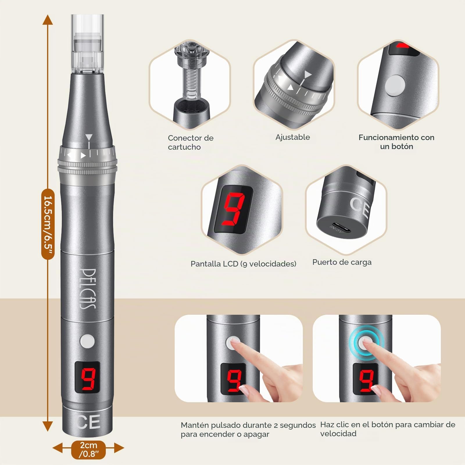 PELCAS 9 Velocidades Dermapen con Pantalla LCD Dermapen Profesional con 12 Cartuchos Derma Pen Recargable Tipo C para el Cuidado de la Piel-Negro