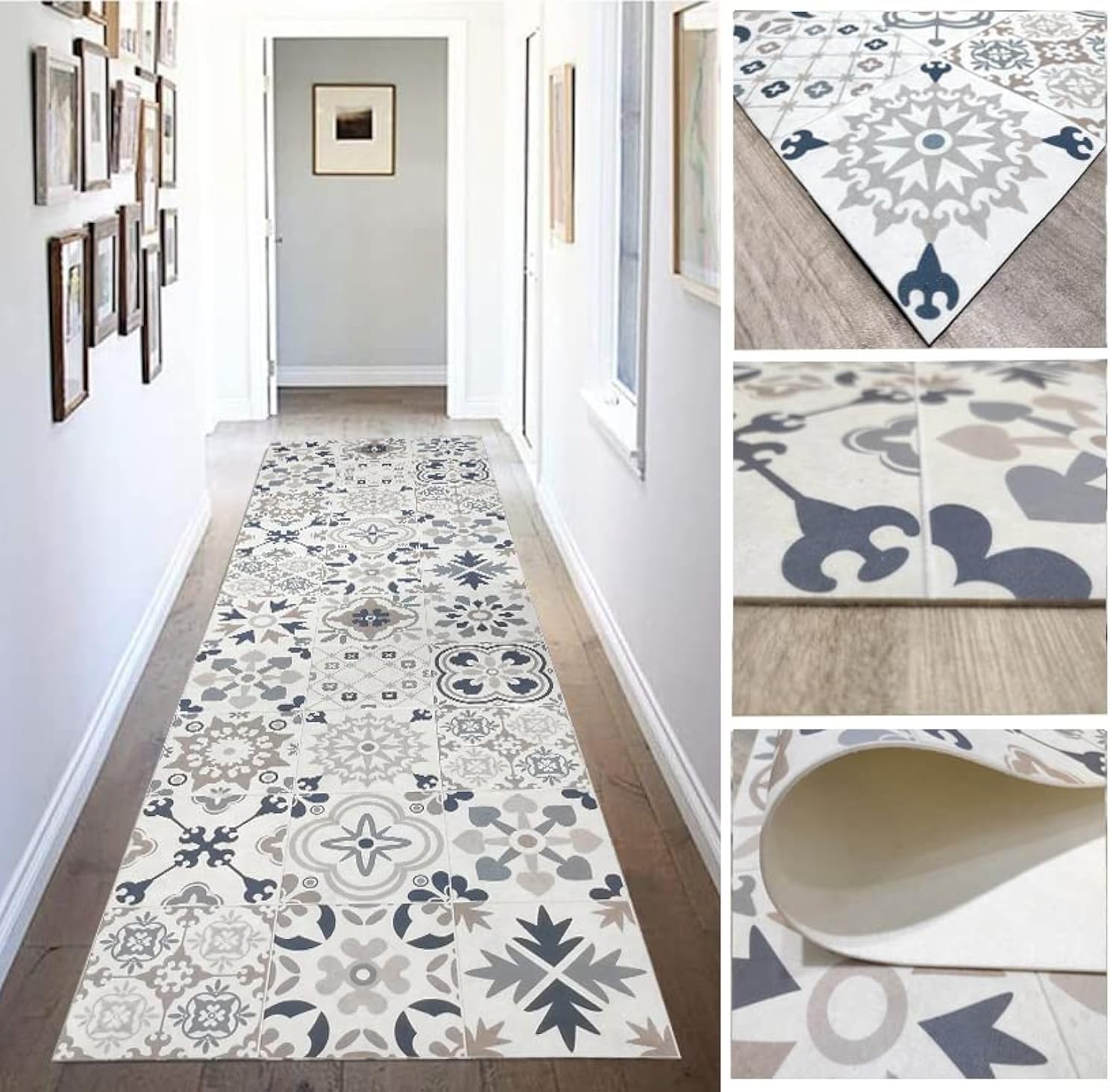 Tadi & Imperio1979 Alfombra Vinílica hidráulica de Baldosas Realistas, para Salón, para Pasillo, para Cocina y moqueta a Medida, de Color beig con Tonos zules, OROS y Naranjas.