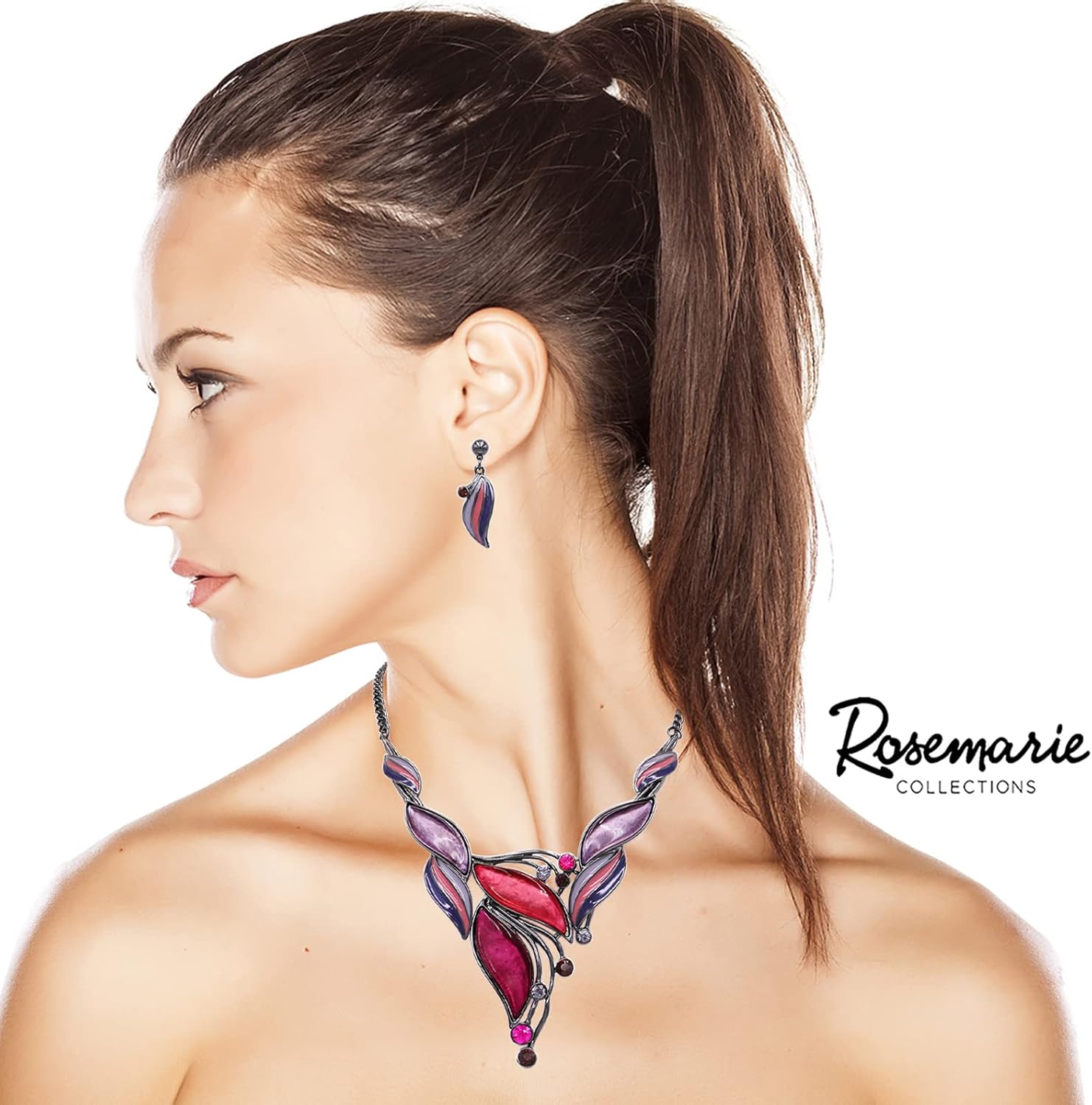 Rosemarie & Jubalee Women's UnbeLEAFable Statement Enamel Crystal Resin Leaf And Vine Necklace Earrings Set
