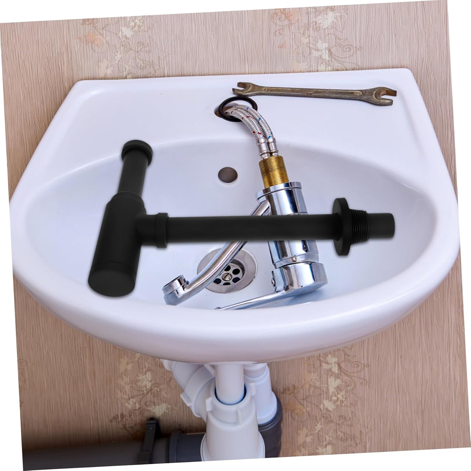 jojofuny Flexible Drain Pipe Kit for Kitchen Sink Metal Drain Pipe 1/4 Thread Compatible 40mm and 50mm Wall Holes for Easy Installation and Leak Prevention