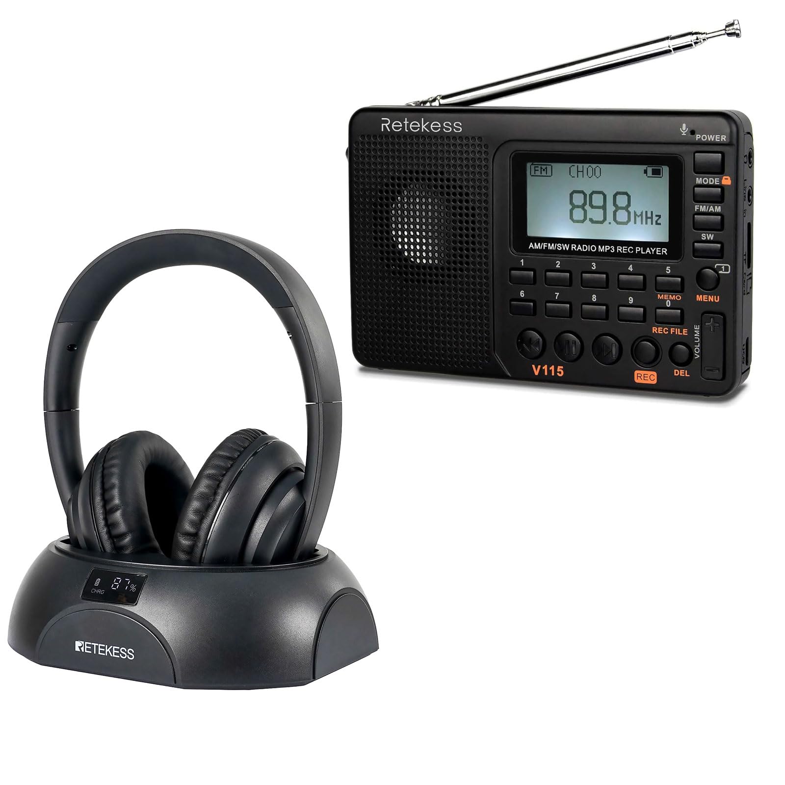 Retekess V115 Digital Radio AM FM Bundle with Retekess TA006 TV Headphones Wireless for Seniors, Support Optical, Coaxial, AUX, RCA, TV Headphones with Charging Dock