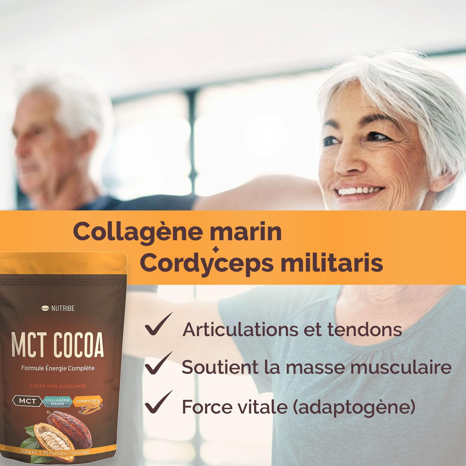 Cacao adaptogène au Cordyceps Bio | Collagène Marin | Formule énergie, antioxydants naturels, coupe-faim idéal pour le jeûne intermittent