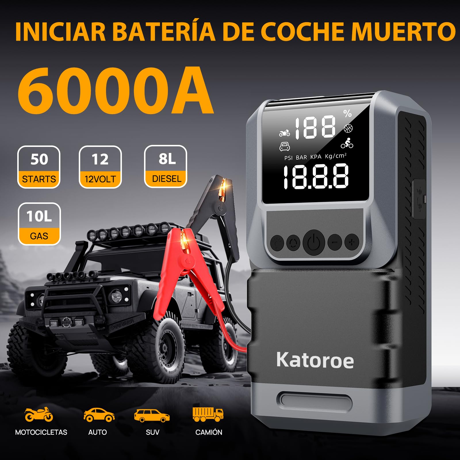 Arrancador de Coches 6000A con Compresor, 150PSI Inflador de Neumáticos, Arrancador de Baterias de Coche(10L Gasolina o 8L Diésel), 12V Jump Starter con Pantalla LED, Luz de Emergencia