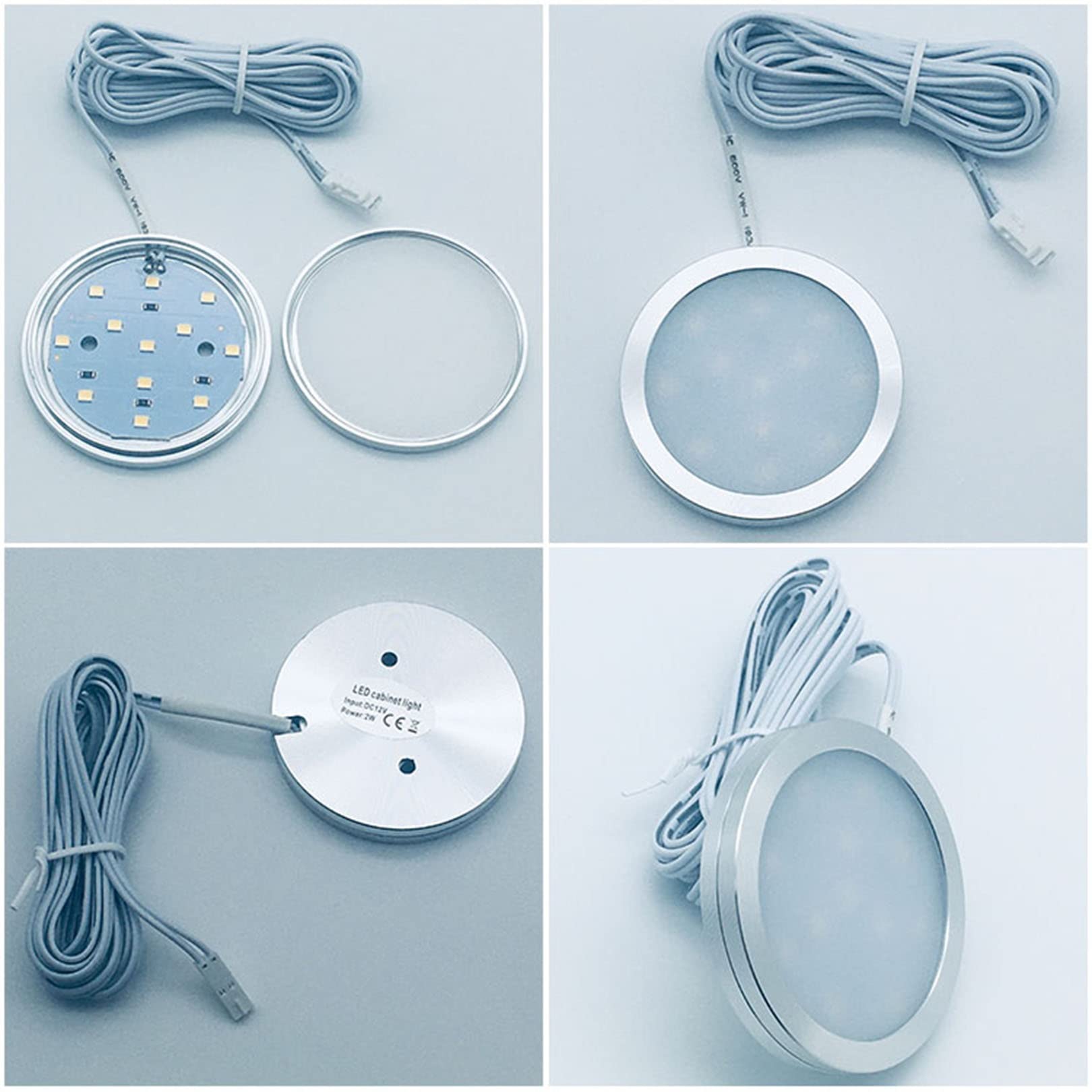 Kompaktowy okrągły zestaw lamp LED z transformatorem, mocowanie ścienne/samoprzylepne, do szafy, szafki kuchennej/półki, bardzo cienkie i energooszczędne (białe, 15 W (12 V))