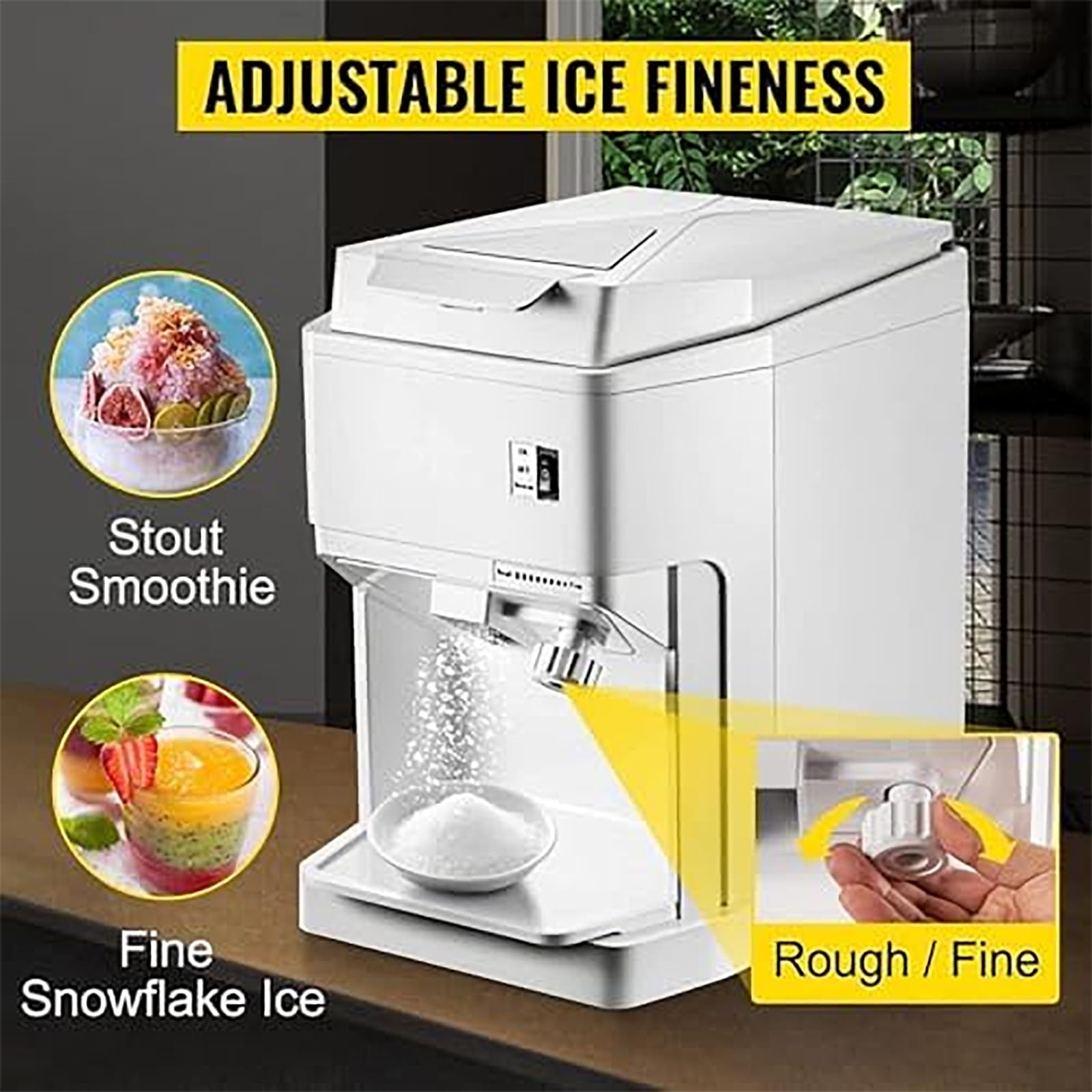Máquina Cono Nieve, Trituradora Cubitoshieloeléctrica 2,3L con Bandeja Agua, Velocidad 320rpm/min Y Espesor Hielo Ajustable, Fabricación Hielo Rápida 3S Y Salida120kg/h,Sabor Suave Y Delicado