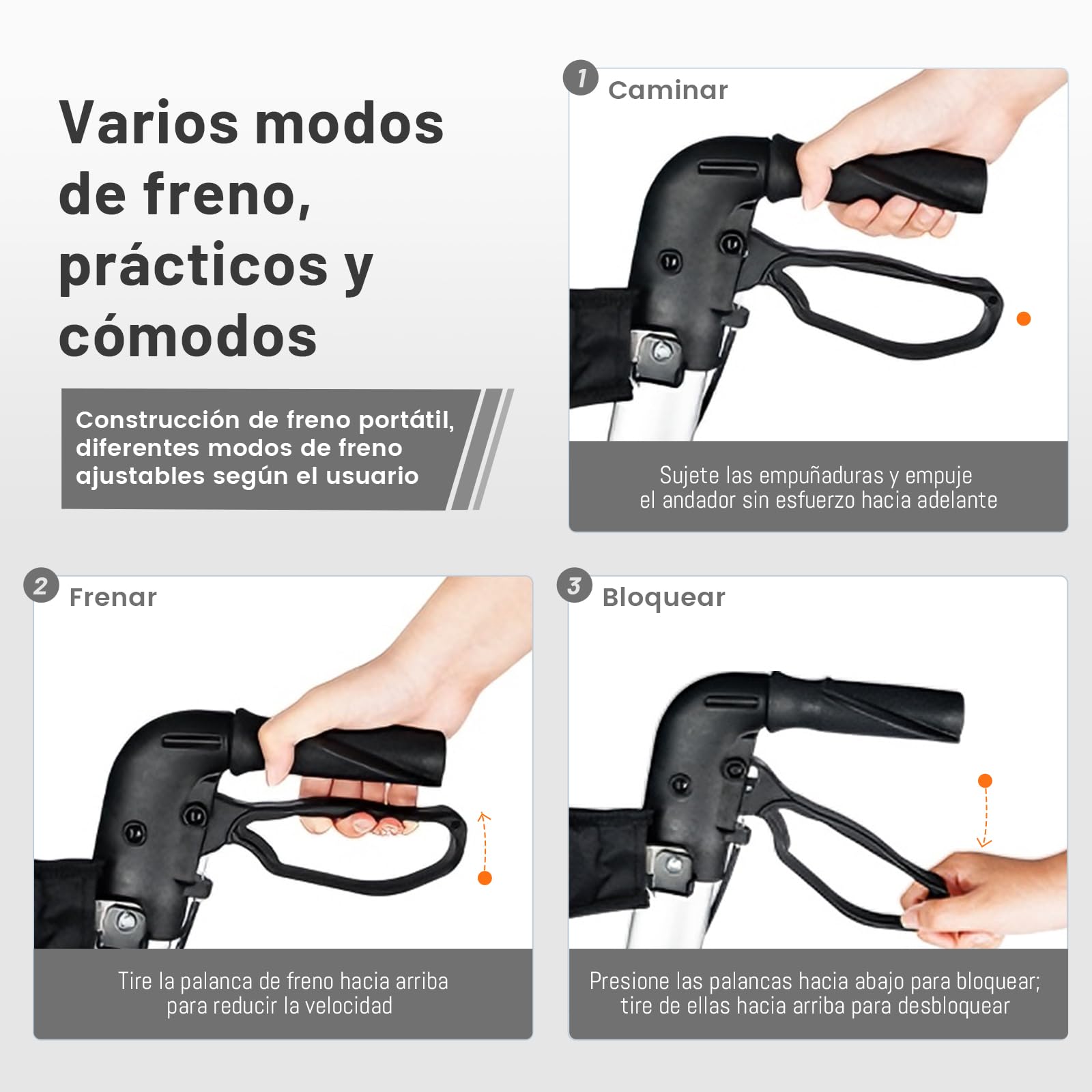 R3 - Andador y silla de ruedas 2 en 1 con reposapiés y bastón plegable, altura regulable, función de silla de ruedas, soporta hasta 100 kg (Plata)
