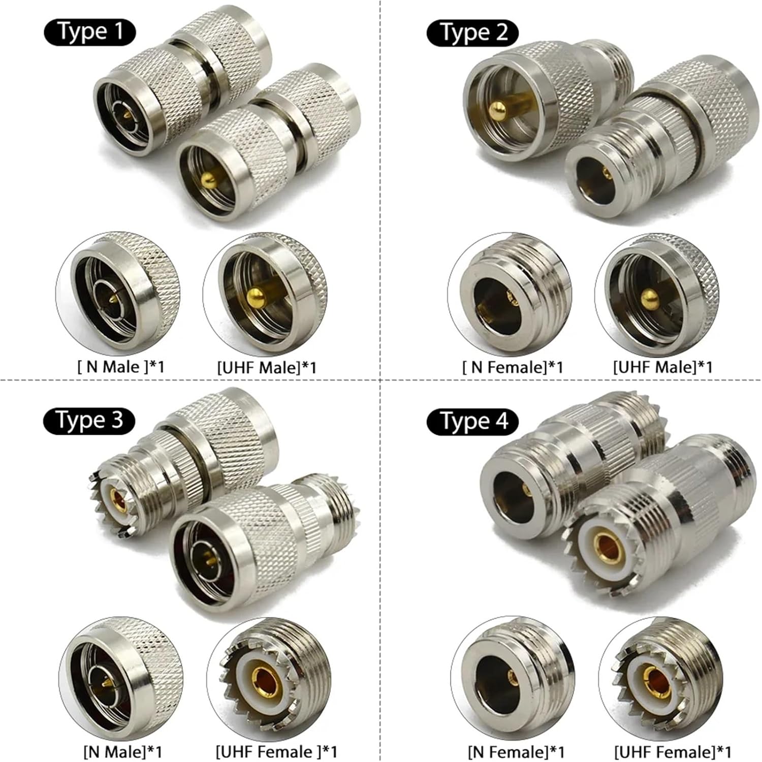PL259 SO239 UHF Jack to N Type Plugs Male/Female Coaxial Connector Radio Coax Adapter Kit Straight Converter Copper(Type4,1Pcs)