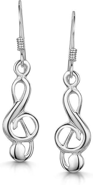 Amberta Women's 925 Sterling Silver Dangle Drop Earrings: Treble Clef Music Note