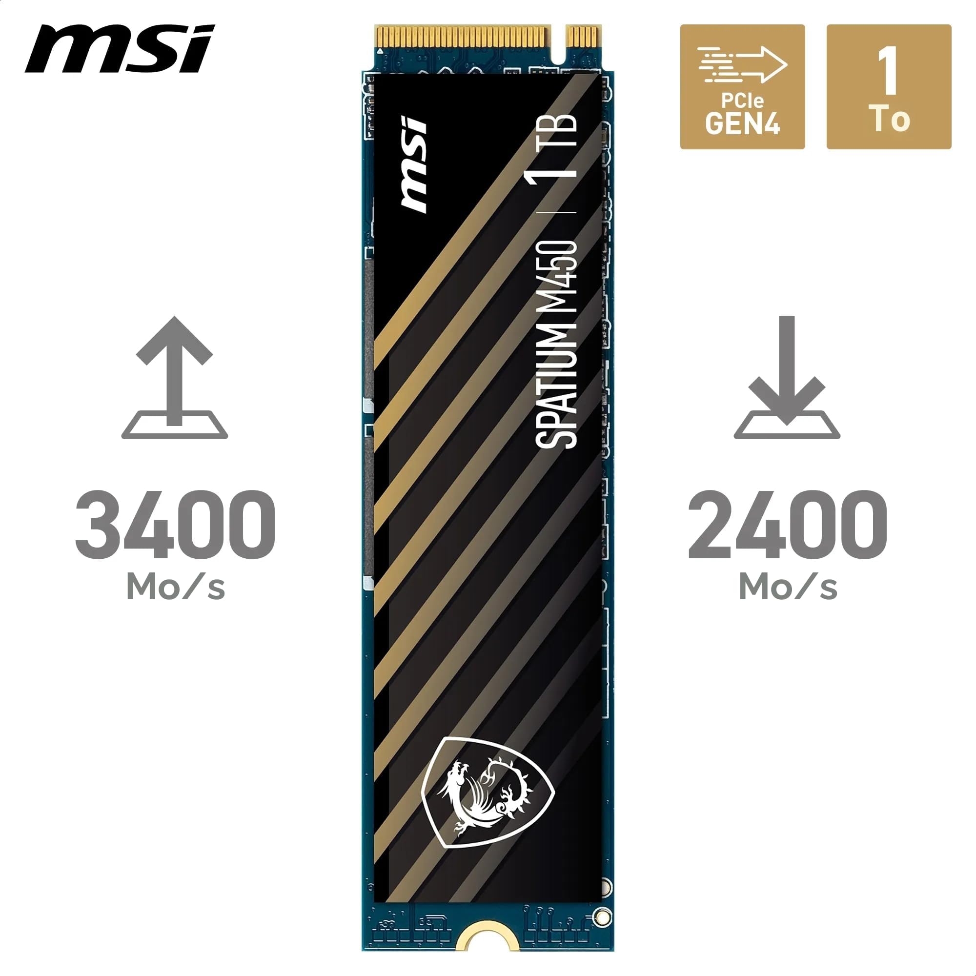MSI M450 PCIe 4.0 NVMe M.2 1TB V1 - Disque SSD Interne 1 to, PCIe 4.0 NVMe M.2, Lecture 3400 MB/s & Écriture 2400 MB/s, 3D NAND, Sécurité des Données Intégrée, 350 TBW, Garantie 5 Ans