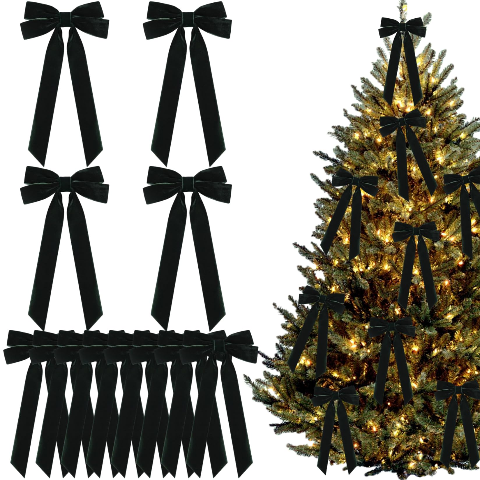 fkngcp 12Pcs Christmas Bows Pre-Formed Elegant Velvet Bows Christmas Tree Ornaments for Tree, Wreath, Garland, Swag, Staircase, Fireplace, Dark Green Ornaments