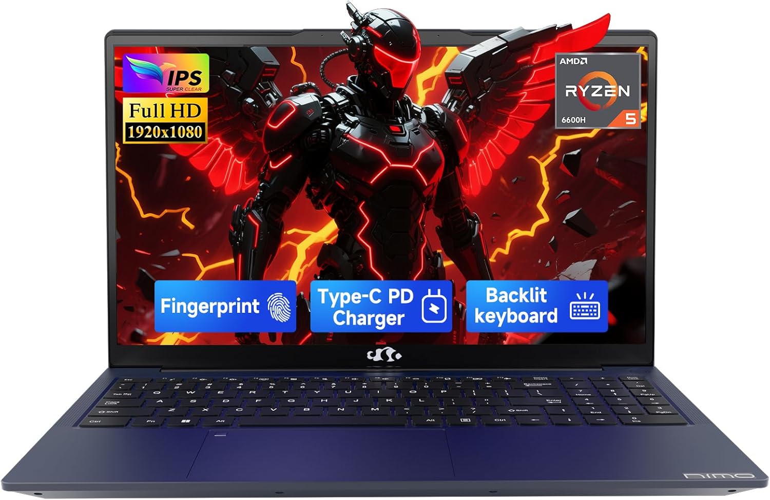 NIMO 15.6" IPS FHD-Gaming-Laptop,AMD Ryzen 5 6600H 16GB DDR5 RAM 512GB SSD (Beat R5-7520U, 6 Cores Up to 4.5GHz) AMD Radeon 660M GPU-Computer with 100W Type-C Backlit Keyboard Fingerprint