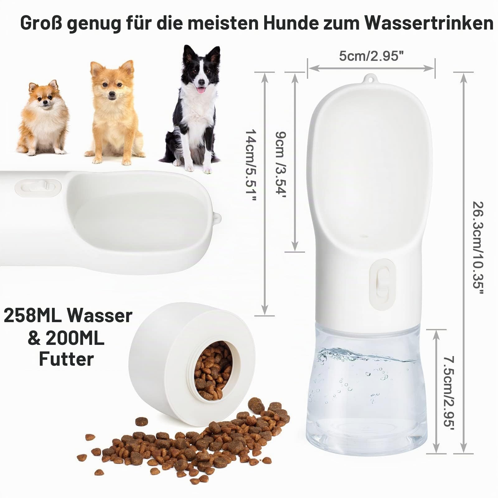 Trinkflasche Hunde für Unterwegs mit Futterbehälter 258 ml, Weiß | BPA-Freiem, Tragbare Hundetrinkflasche auslaufsicherer, für Welpen Kleine Mittel, Spaziergänge, Reisen, Wandern