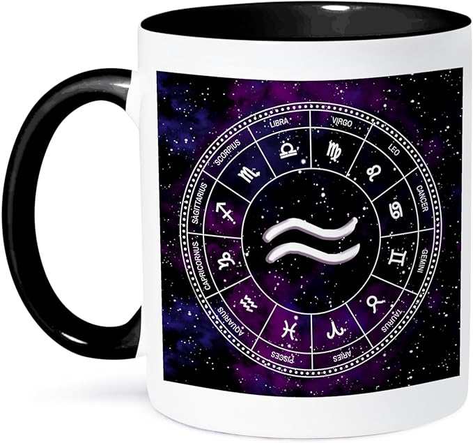 3dRose Aquarius Zodiac sign stylish astrology gift. White stars on purple 11oz Two-Tone Black Mug