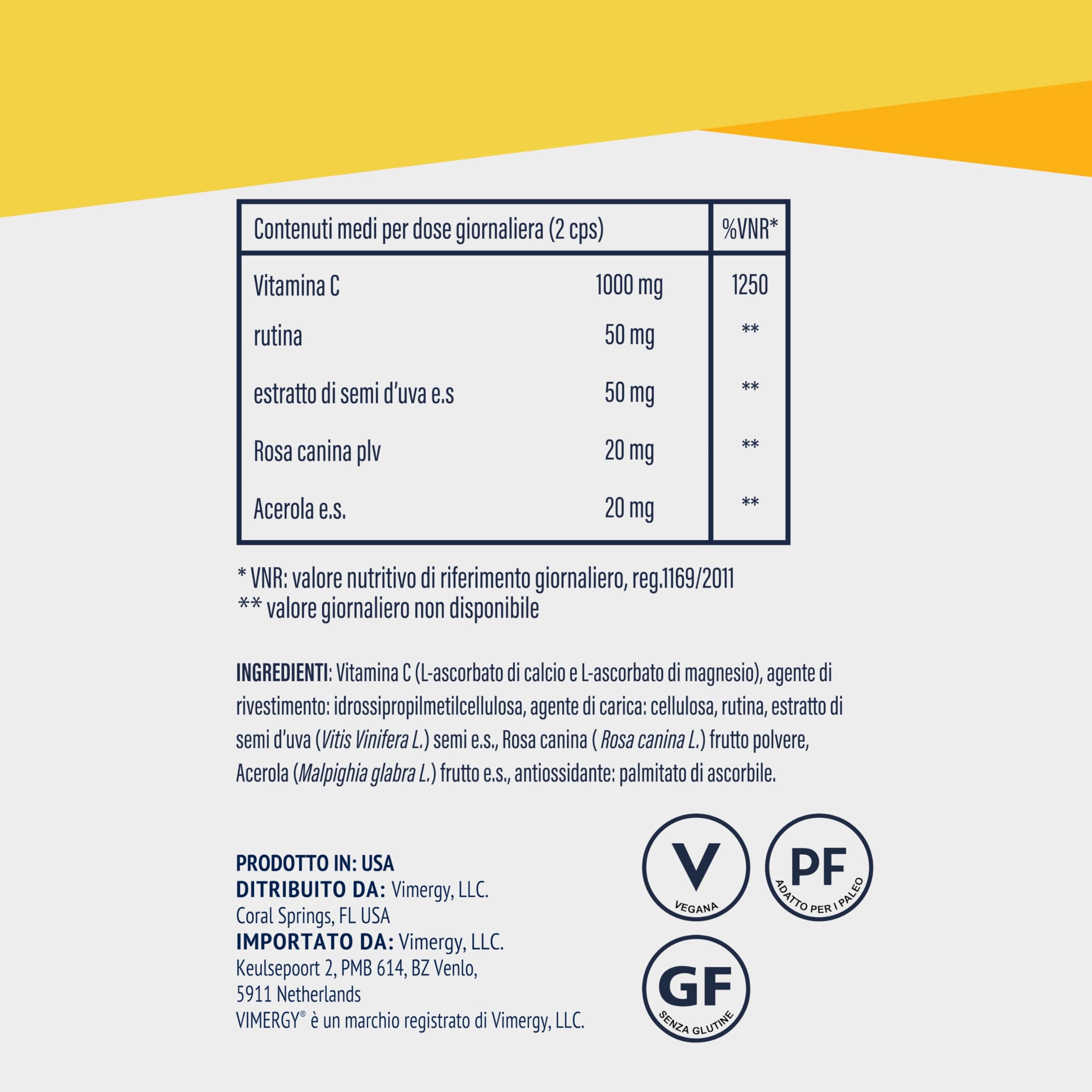 Vimergy Micro-C Capsule di Vitamina C - 180 Dosi – Vitamina C 500 mg, Meno Acida – Rosa Canina – Per Sistema Immunitario e Muscoloscheletrico – Senza Glutine – Kosher – Vegan