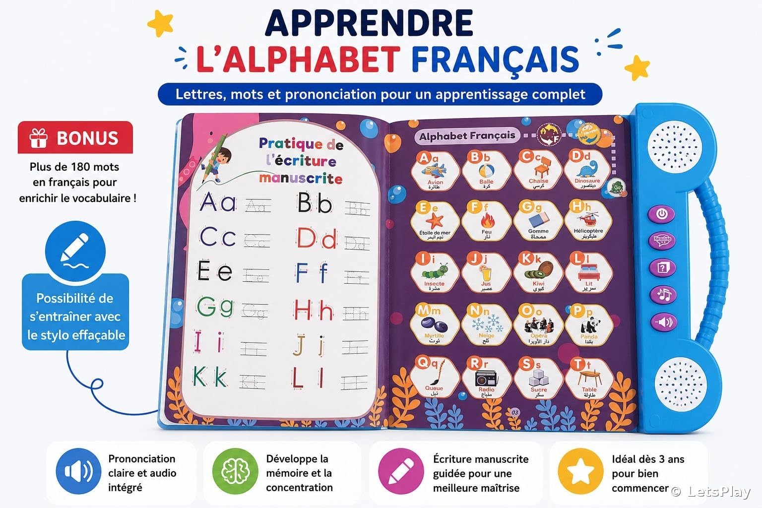 LetsPlay Livre Sonore Arabe Français Alphabet 180+ Mots Jouet Éducatif Enfant 3-8 Ans