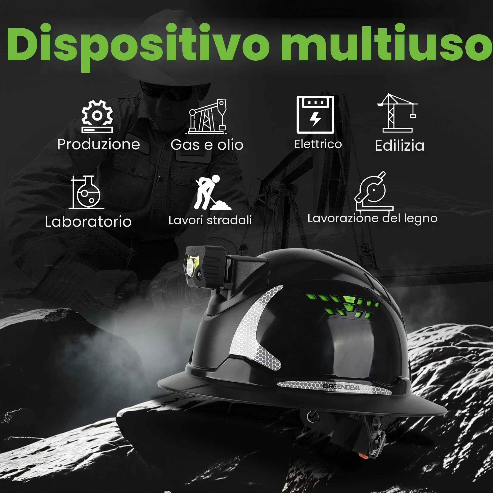 GREEN DEVIL Casco di sicurezza Matrix Full Brim EN 397 – Casco di sicurezza con ventilazione, lampada LED (IPX5), sistema a 6 punti e fodera interna regolabile – Ideale per edilizia, industriale,