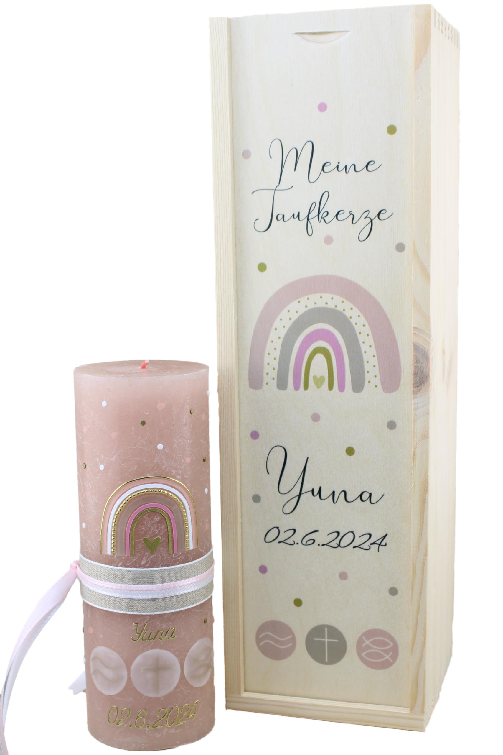 SET Taufkerze Rustik und Kerzenbox YUNA Junge oder Mädchen mit Name und Datum, individuell und handverziert 2501
