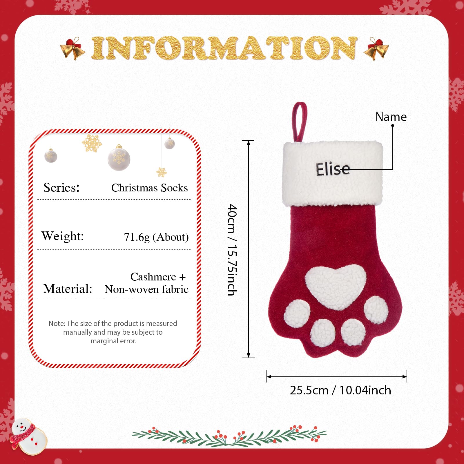 Personalized Dog Christmas Stocking, Pet Christmas Stocking for Dogs Cats, Customized Christmas Ctockings with Name Paw & Bone Shape Dog Cat Stocking (Style 1)