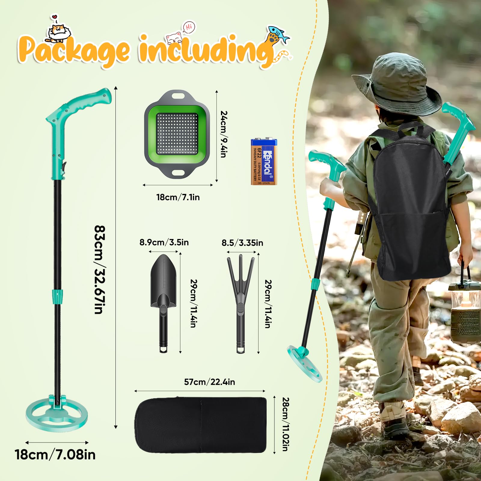 Detector de Metales para Niños, Longitud Ajustable (66-83cm), Detector de Metales para Niños con Pantalla LCD, Pala, Rastrillo, Mochila, Adecuado para Detectar Monedas