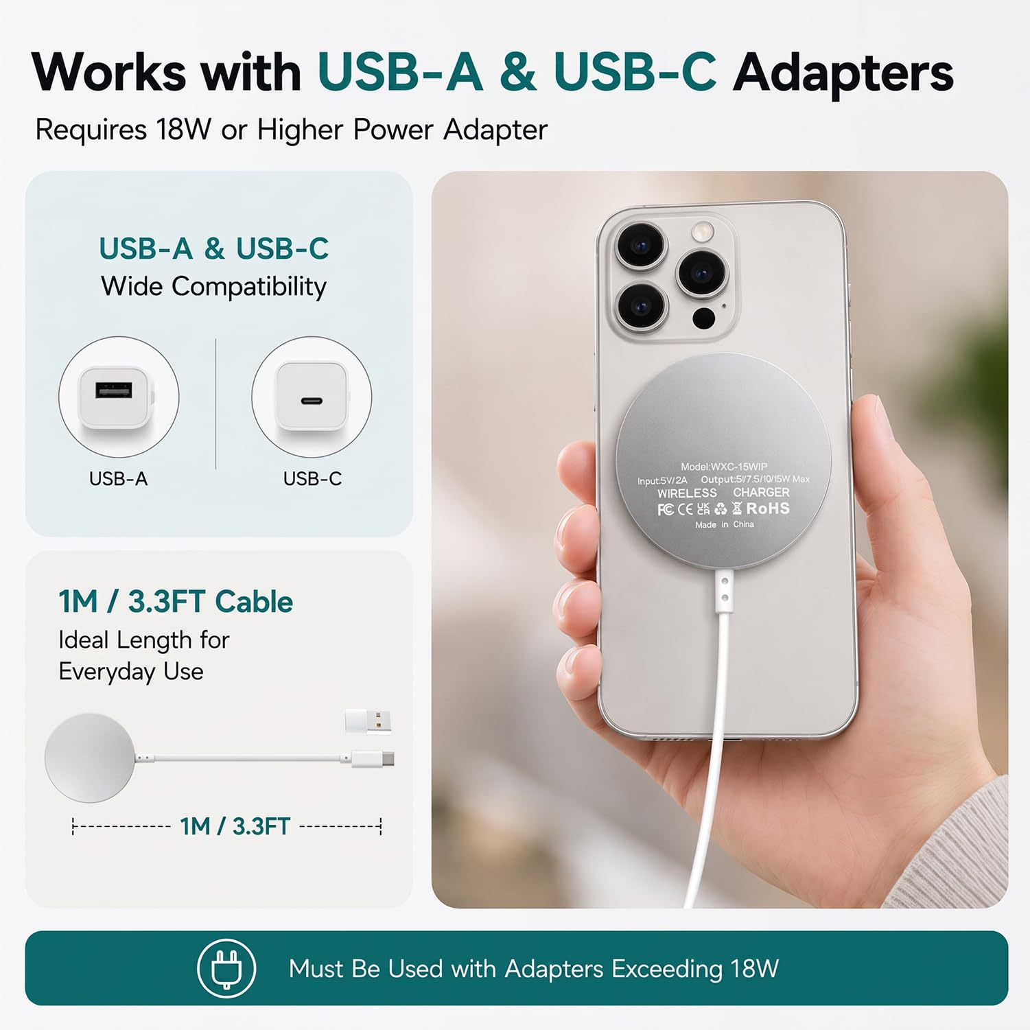 15W Magnetyczna Ładowarka Bezprzewodowa do iPhone 17 Pro Max/17 Pro/Air/17/16/15/14/13/12/AirPods 4 3, Szybkie Ładowanie Mag-Safe Charger do iPhone, Podkładka Ładująca z Podwójnymi Portami USB A&C