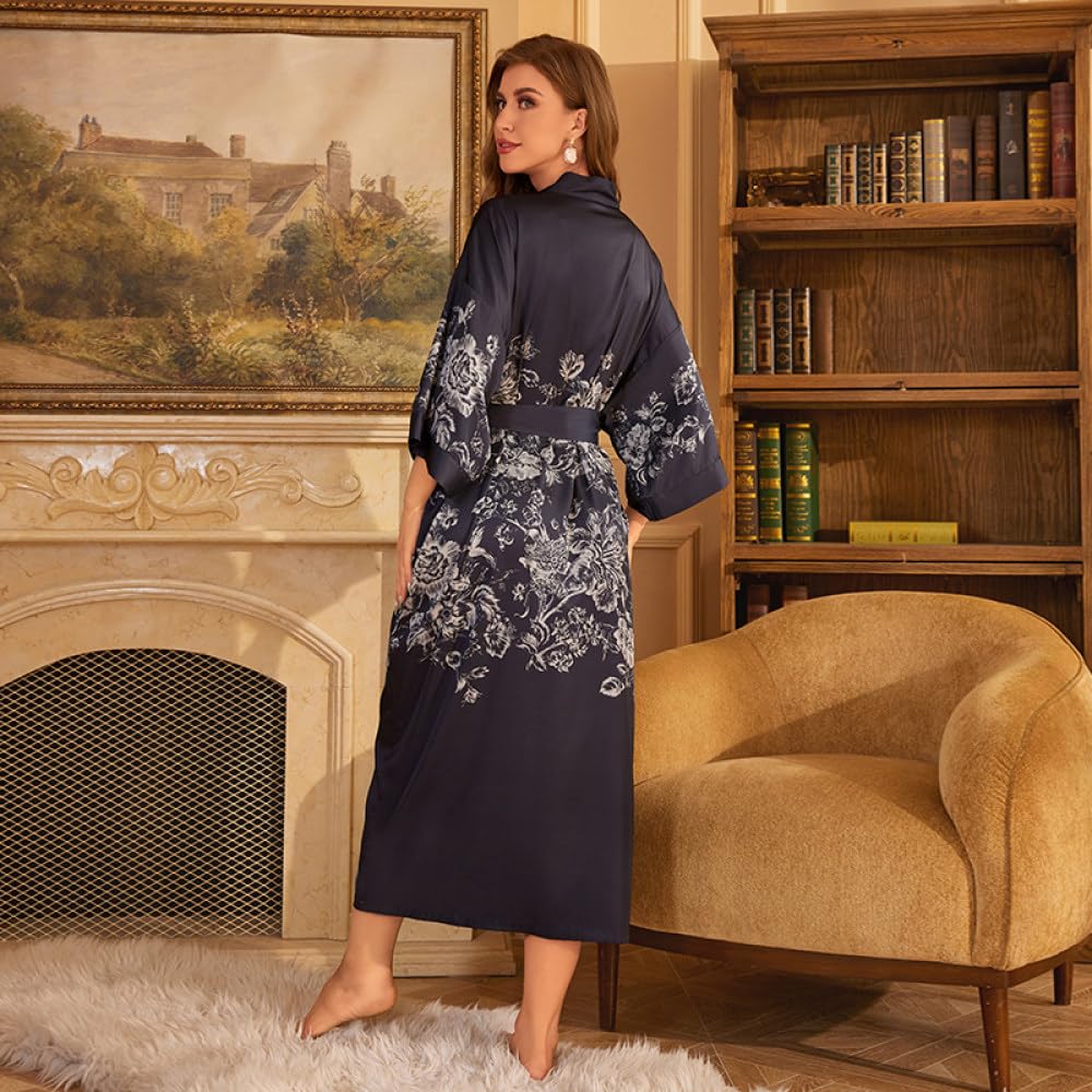 Bata con Estampado de Flores para Mujer Kimono de Satén Sedoso Camisón Largo de Talla Grande Batas Sueltas Y Cómodas Camisón Sexy para Estar en Casa