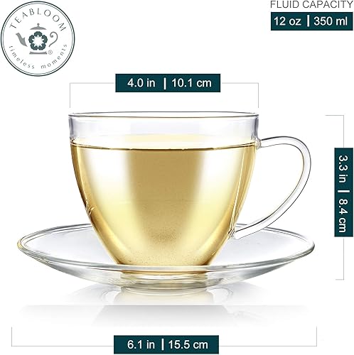 Miniatura 2 de Teabloom Royal - Juego de tazas de té y platillo, 4 unidades, tamaño grande, capacidad de 12 onzas11.8 fl oz, diseño clásico cristalino, juego de