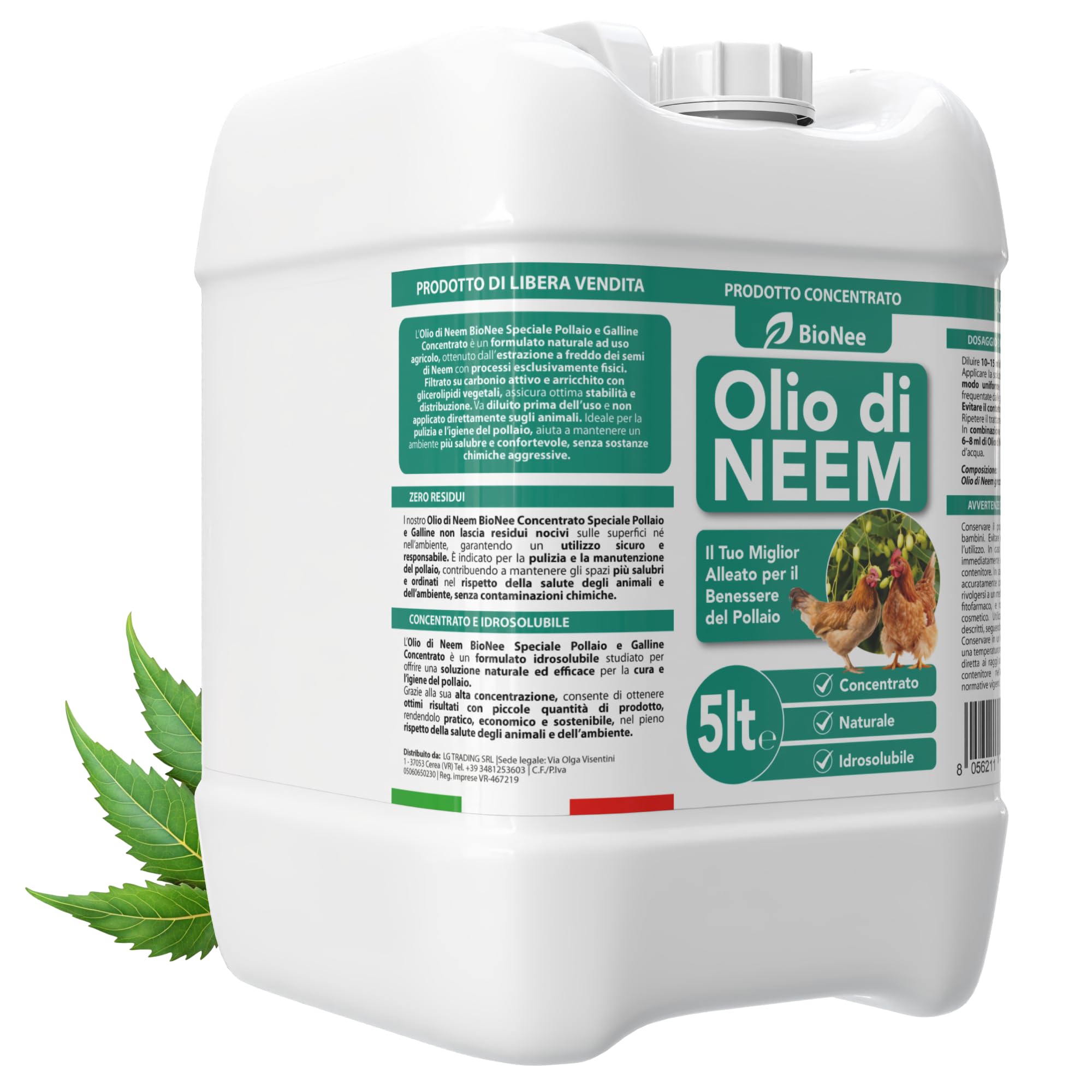BioNee Olio di Neem Concentrato per Pollaio e Galline – Formulato Naturale Idrosolubile | Pulizia, Igiene e Benessere del Pollaio | Alta Purezza, Zero Residui Chimici (5 litri)