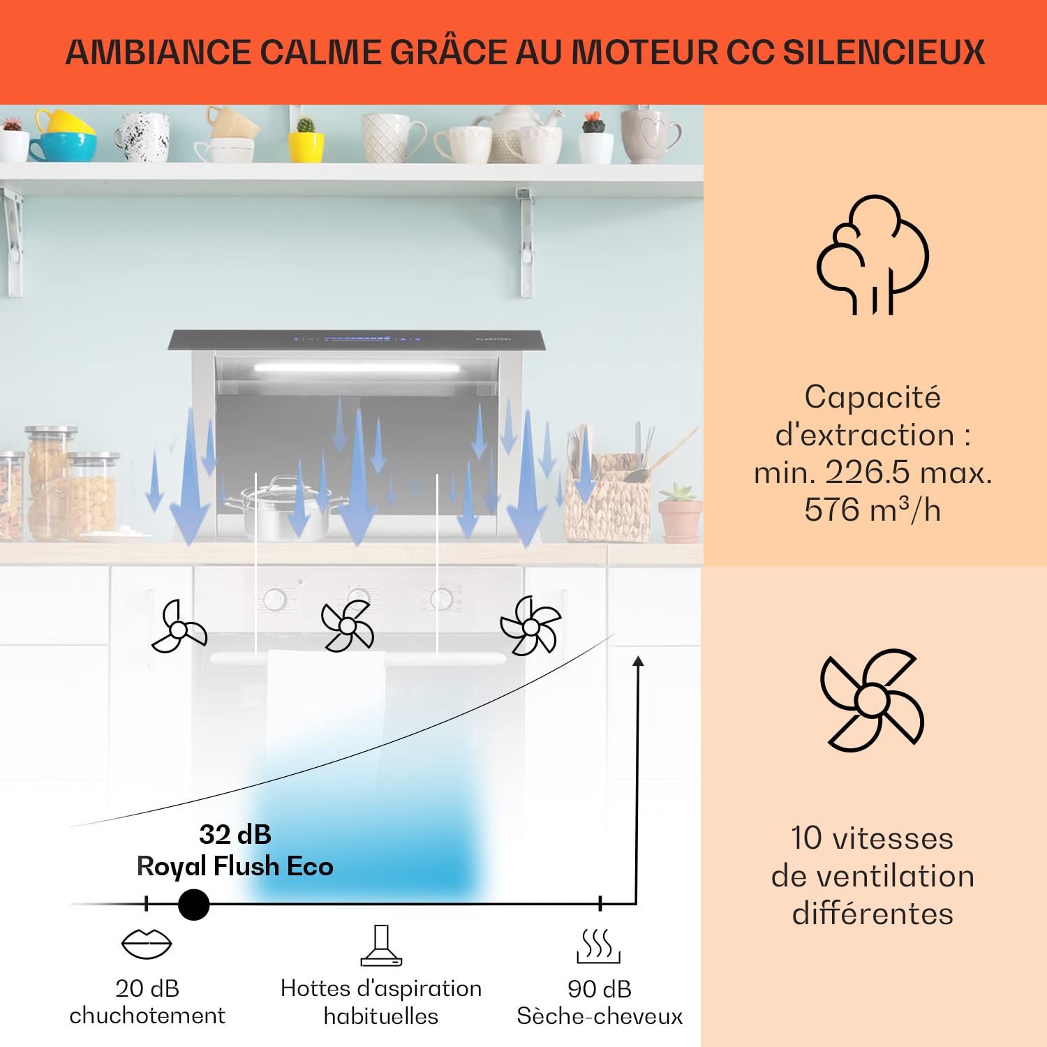Klarstein Royal Flush Eco Hotte Aspirante 60cm - Cee A++, 604 M³/H, Faible Niveau Sonore 51 dB, Touch-To-Slide, Éclairage Led, Acier Inoxydable & Verre, Hotte Encastrable Plan De Travail
