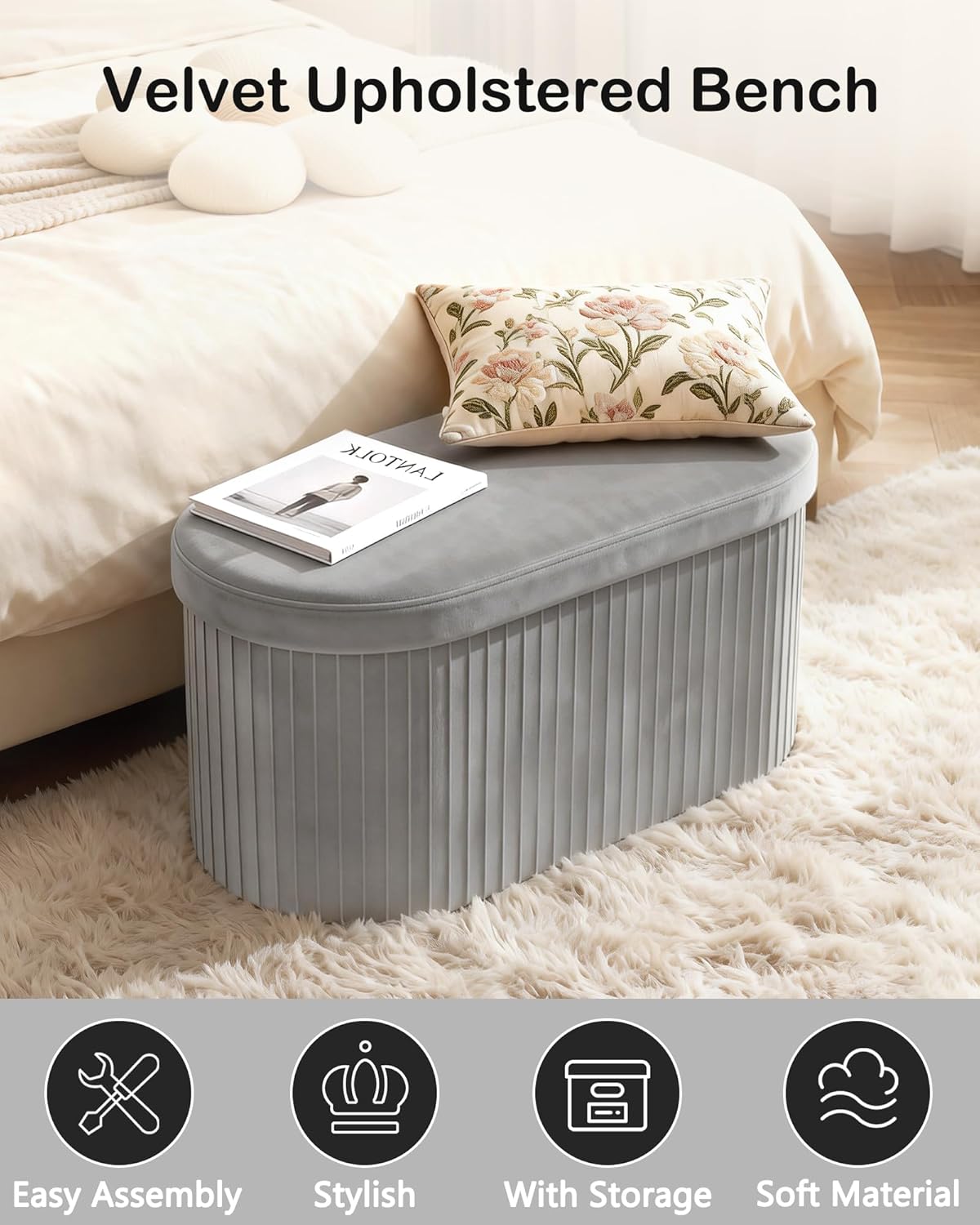 GLAXYFUR Oval Storage Ottoman Bench, Velvet Foot Rest, 30 Inch Folding Chest for Living Room, Bedroom, Grey - Image 4