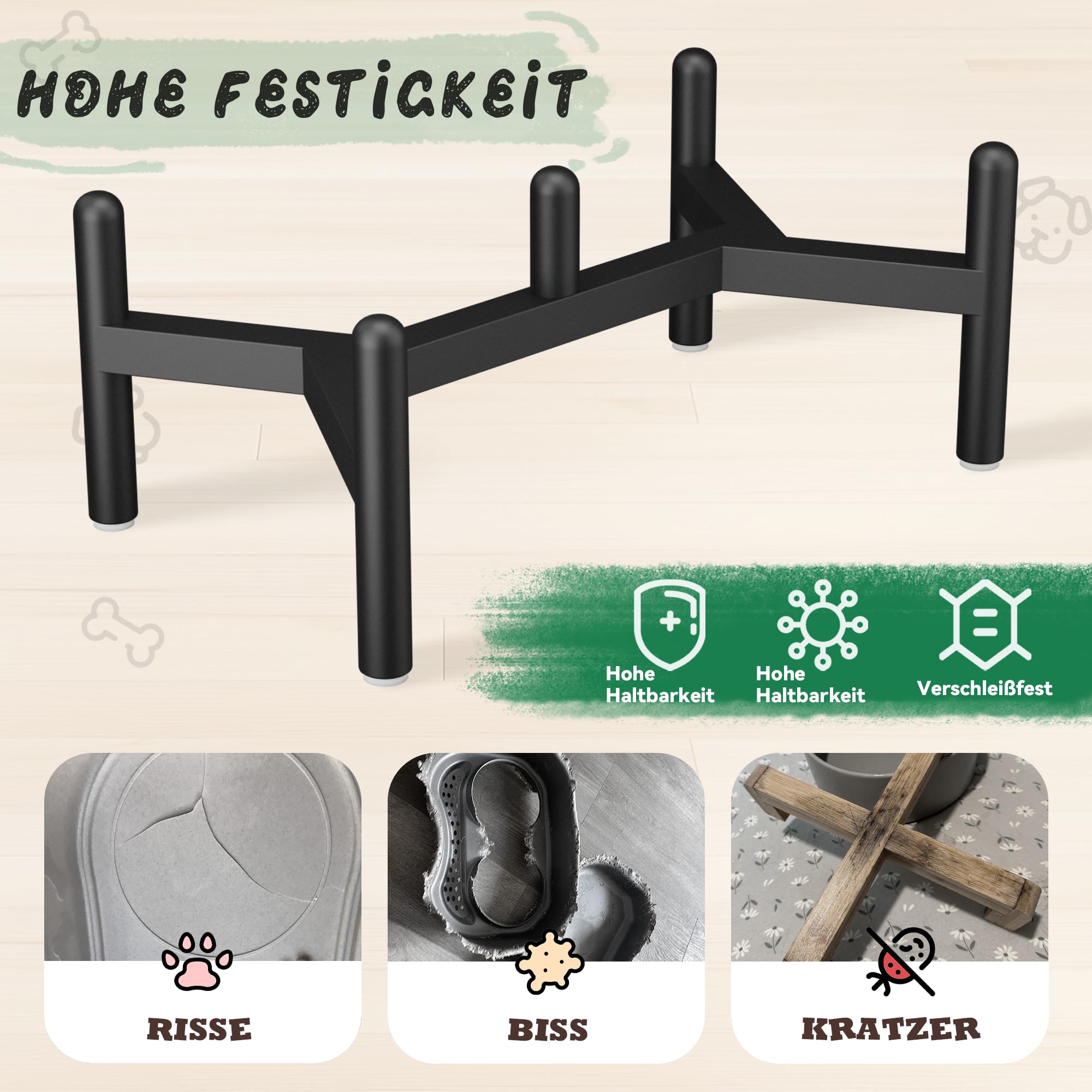Keramik Hundenapf Erhöht mit Edelstahl-Ständer - Doppelnapf Futterstation für Kleine und Mittelgroße Hunde - rutschfest Hund Napf Set für Futter und Wasser - 350g / 660ml - 15cm - Gruen
