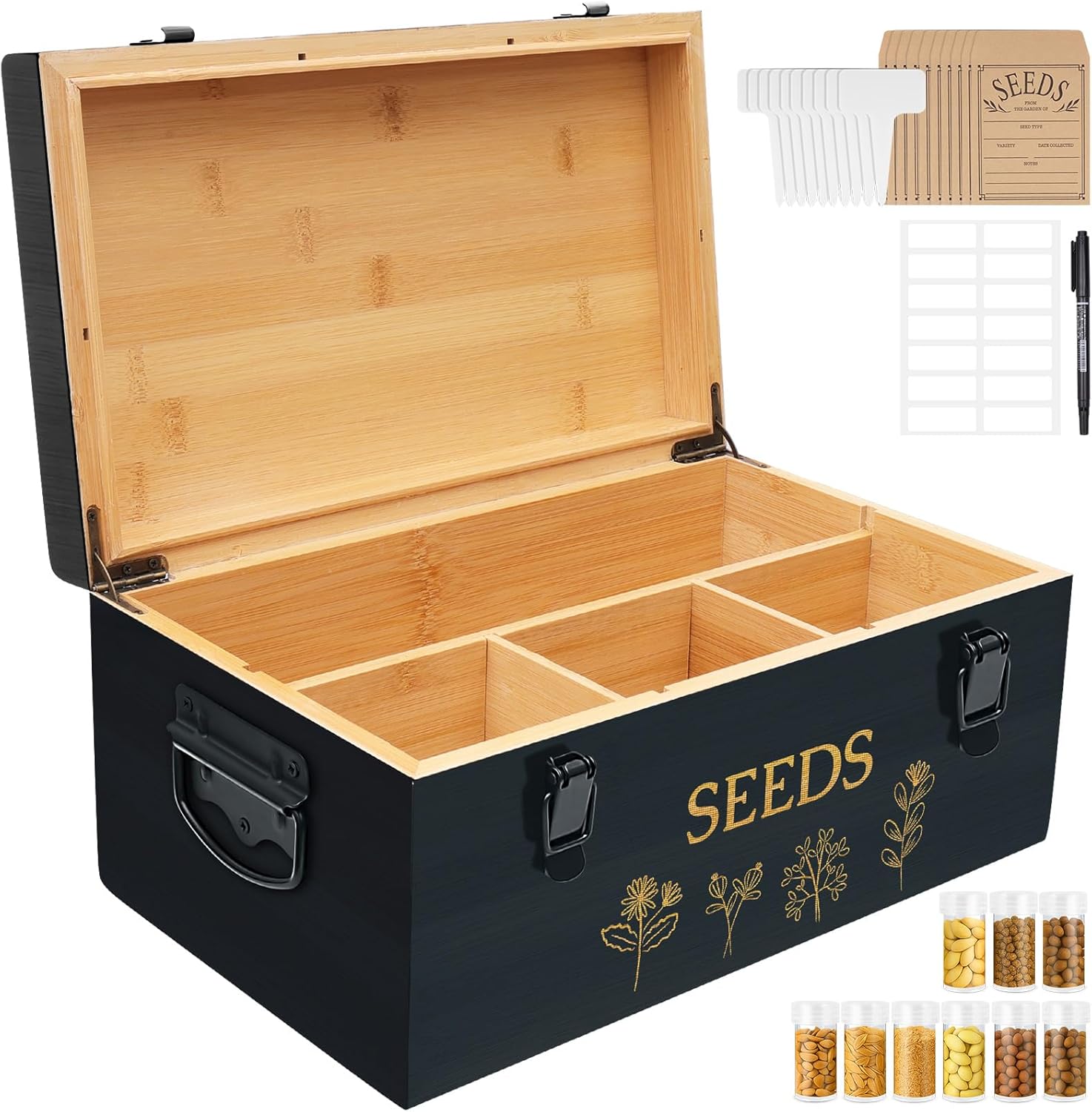 Large Bamboo Wood Seed Storage Organizer Box with Lid, Double-Layer Seal Design Seed Saving Box with Premium Coated Safety Lock, Handles, Extra Seed Envelopes and Labels, Great Gifts for Gardener