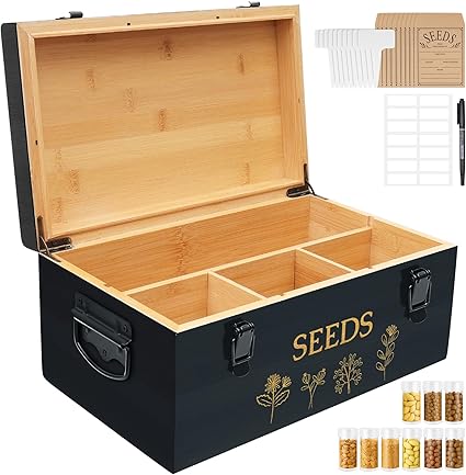 Large Bamboo Wood Seed Storage Organizer Box with Lid, Double-Layer